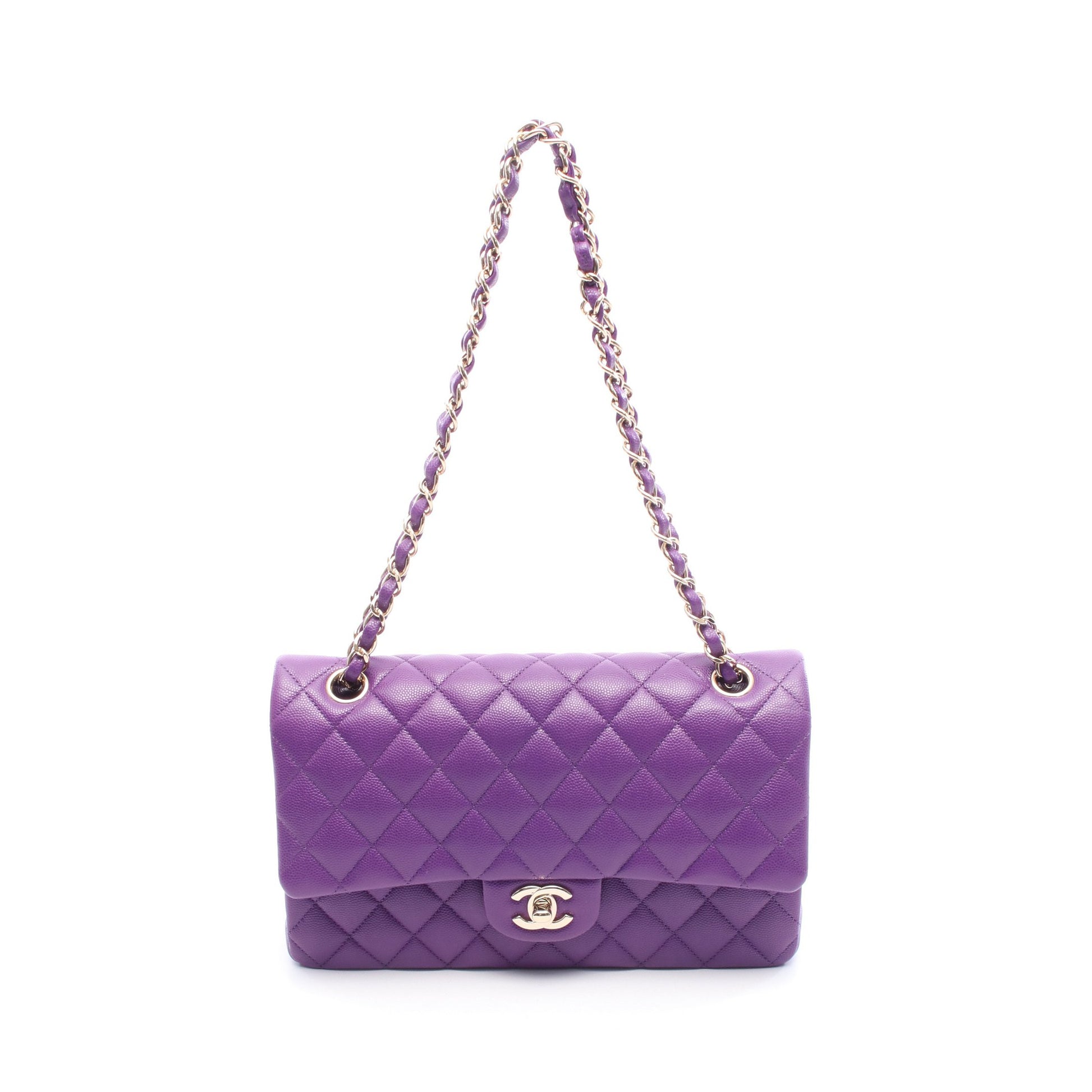 マトラッセ Wフラップ Wチェーンショルダーバッグ キャビアスキン パープル ゴールド金具 シャネル バッグ CHANEL