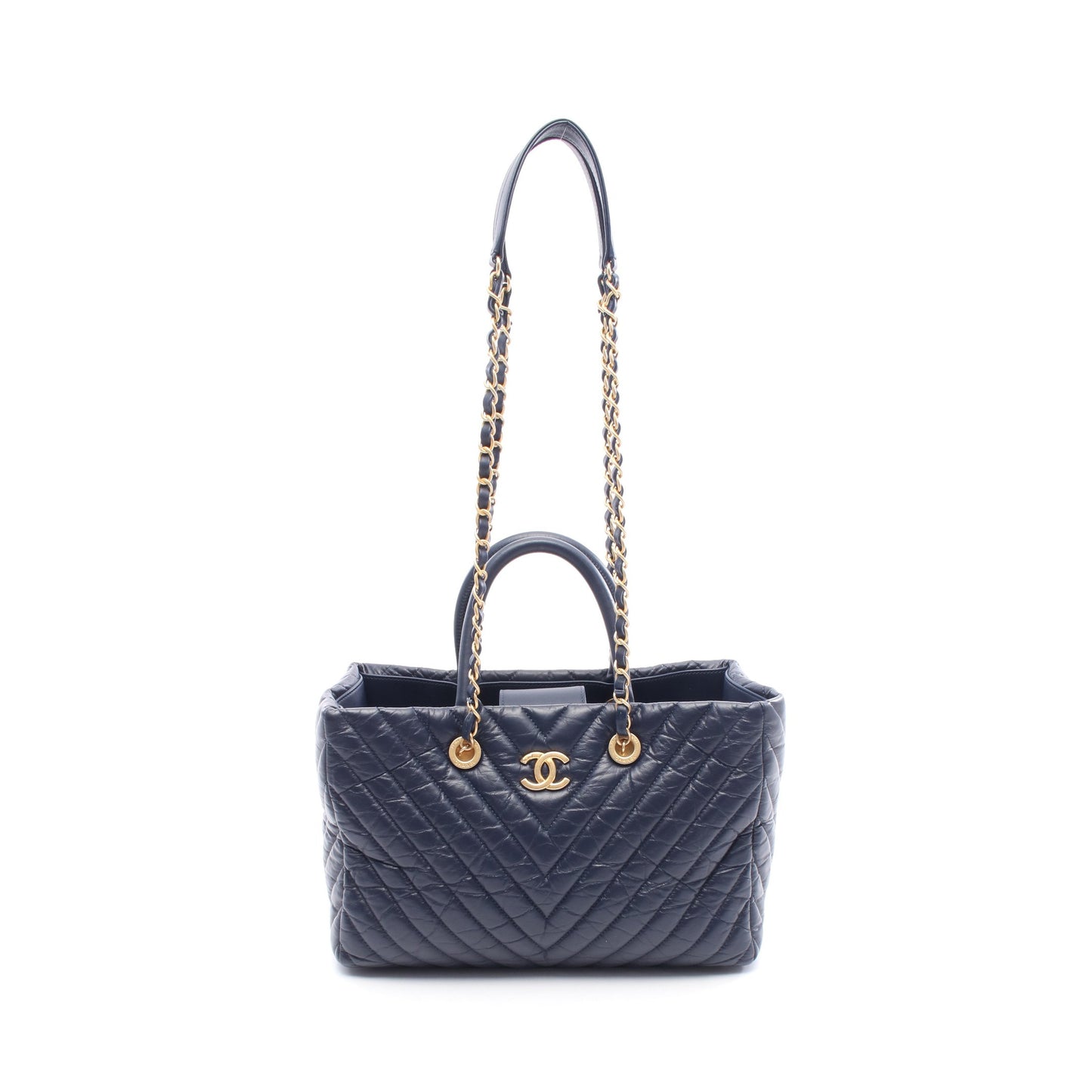 シェブロン Vステッチ チェーンショルダーバッグ エイジドカーフスキン ネイビー ゴールド金具 シャネル バッグ CHANEL