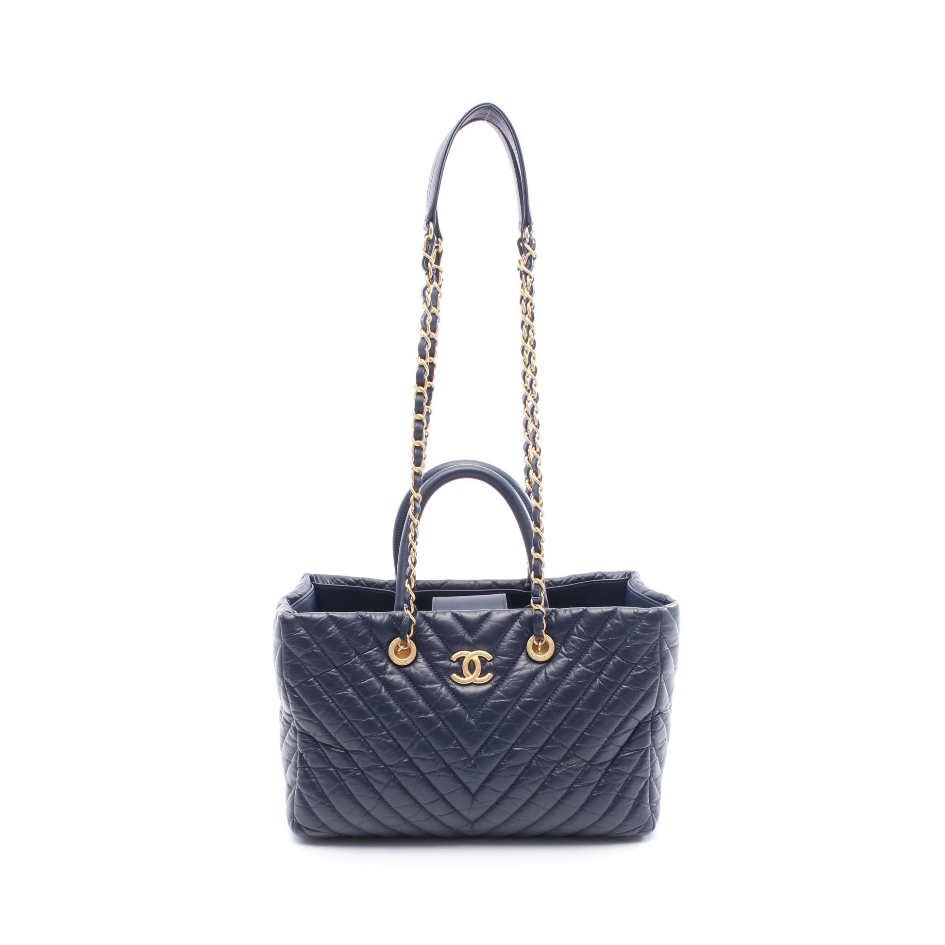 シェブロン Vステッチ チェーンショルダーバッグ エイジドカーフスキン ネイビー ゴールド金具 シャネル バッグ CHANEL