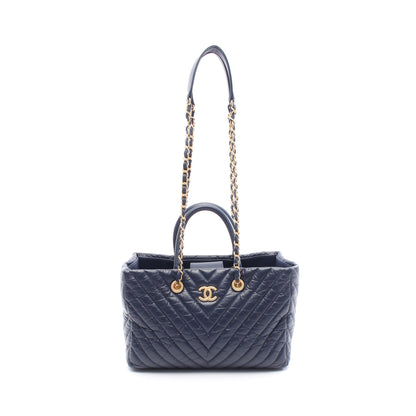 シェブロン Vステッチ チェーンショルダーバッグ エイジドカーフスキン ネイビー ゴールド金具 シャネル バッグ CHANEL
