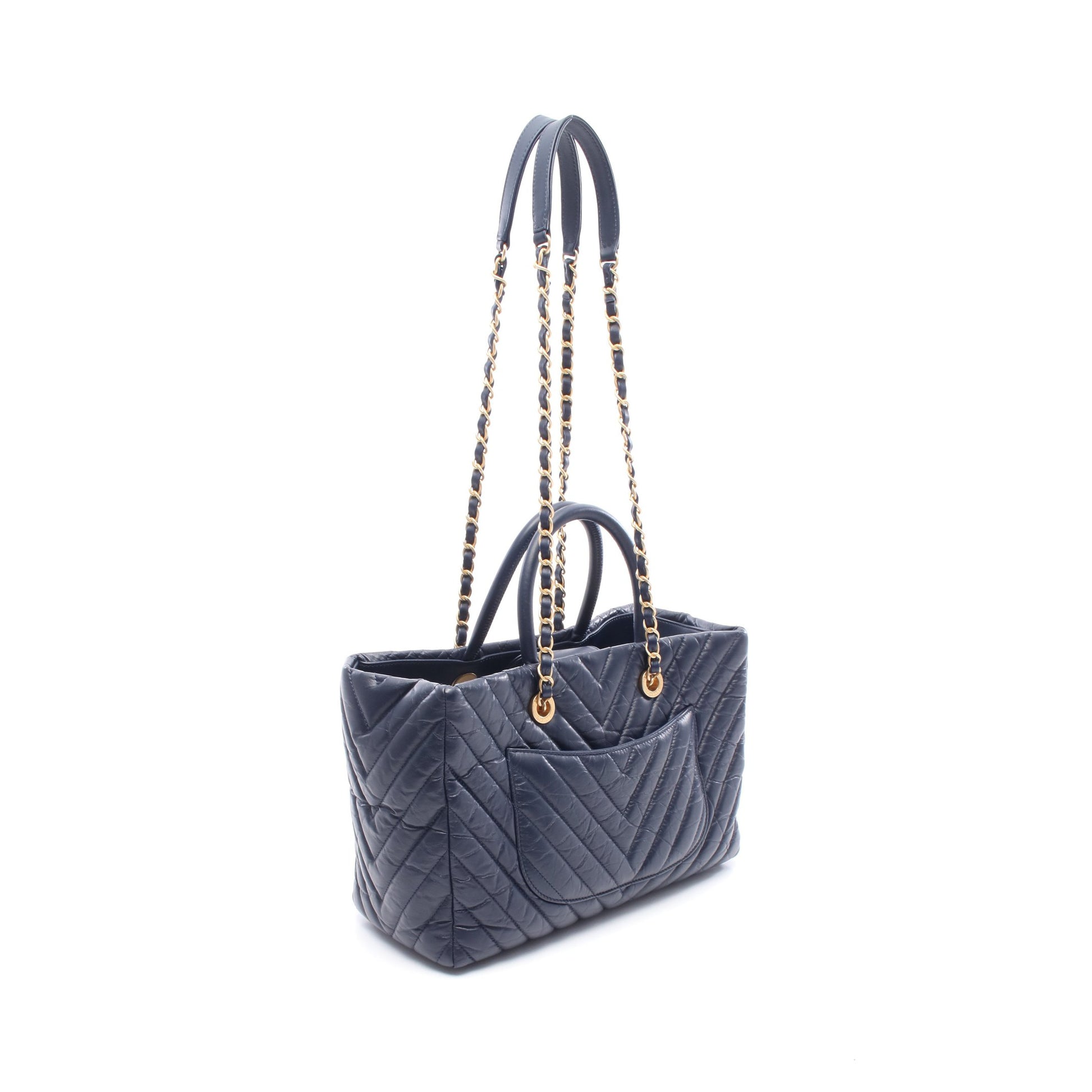 シェブロン Vステッチ チェーンショルダーバッグ エイジドカーフスキン ネイビー ゴールド金具 シャネル バッグ CHANEL
