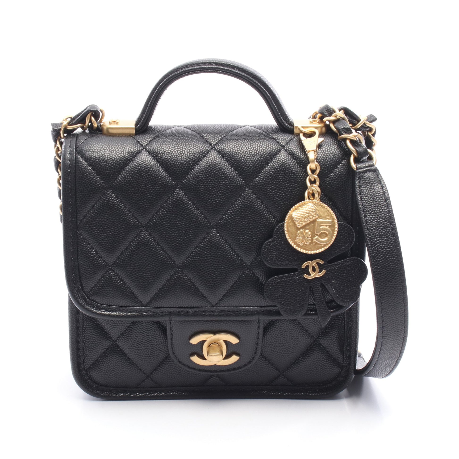 スモール トップハンドル マトラッセ チェーンショルダーバッグ キャビアスキン ブラック ゴールド金具 シャネル バッグ CHANEL