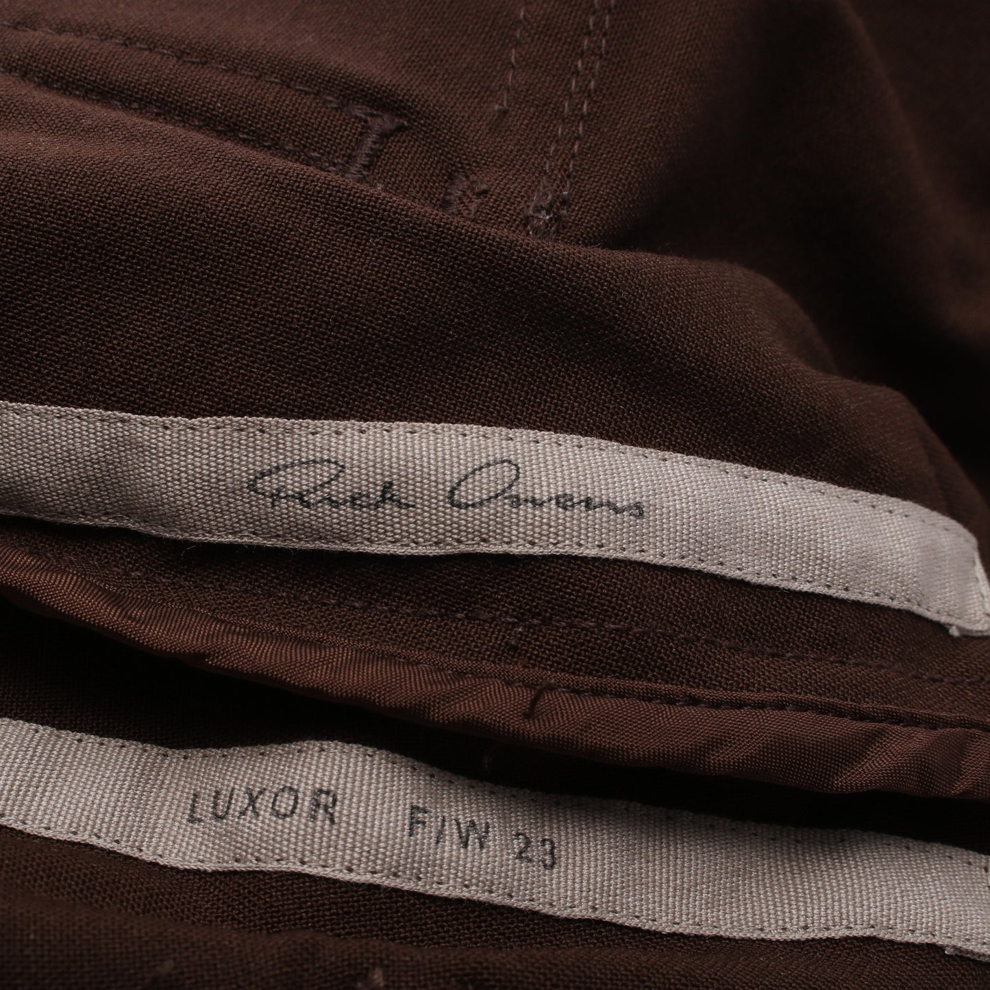 ドローストリング スリム ロング パンツ ウール ブラウン ボタンフライ リックオウエンス ボトムス Rick Owens