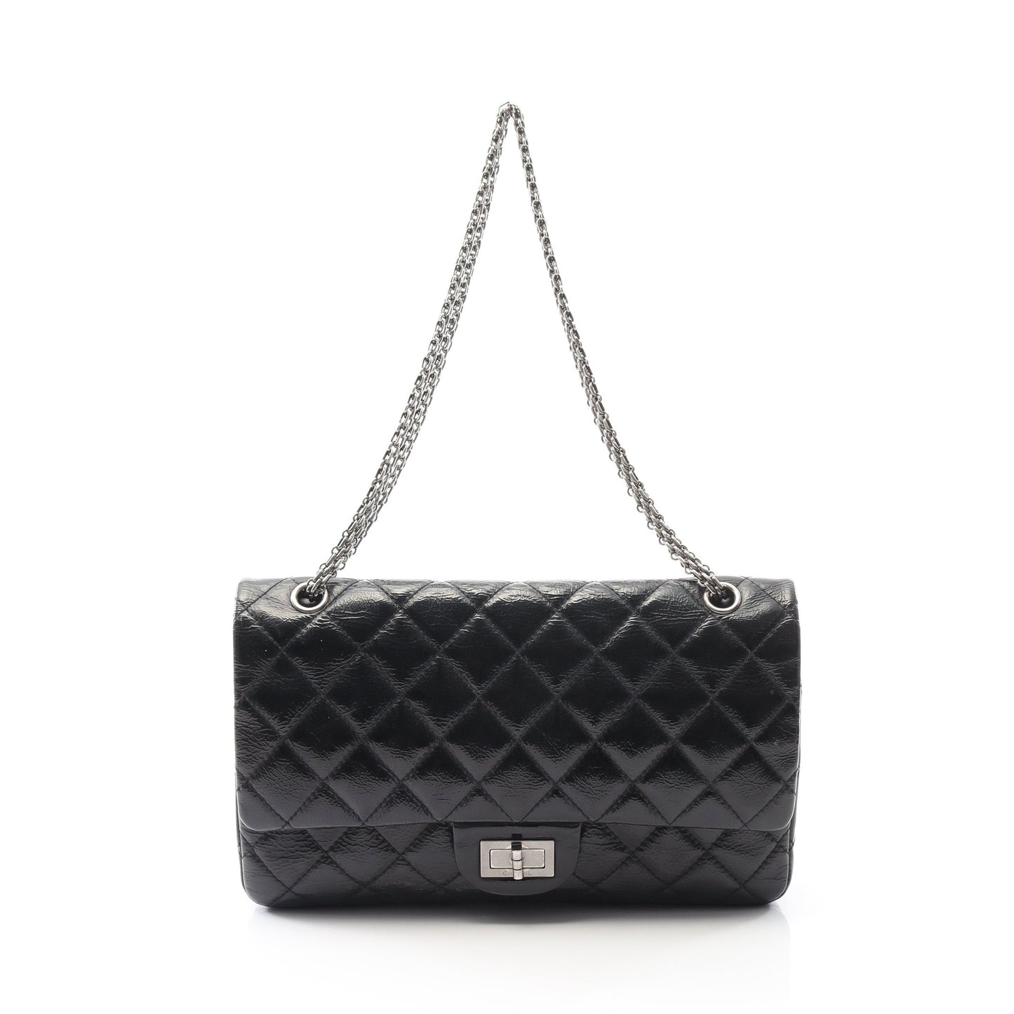 2.55 マトラッセ マキシ Wフラップ Wチェーンショルダーバッグ レザー ブラック シルバー金具 シャネル バッグ CHANEL