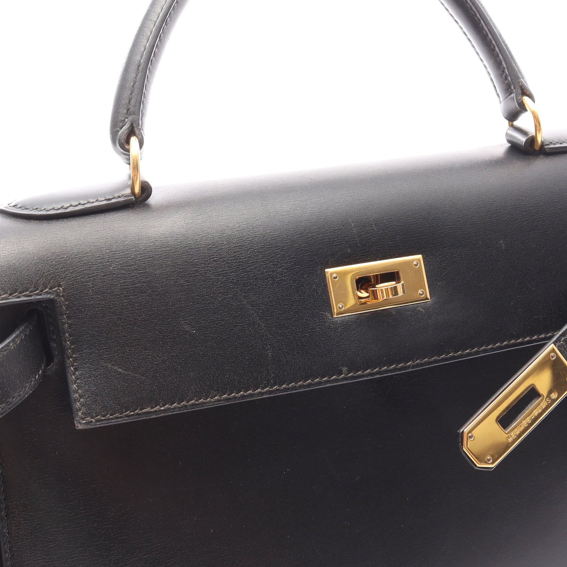 ケリー28 ハンドバッグ ボックスカーフ ブラック ゴールド金具 外縫い 2WAY ○Z刻印 エルメス バッグ HERMES