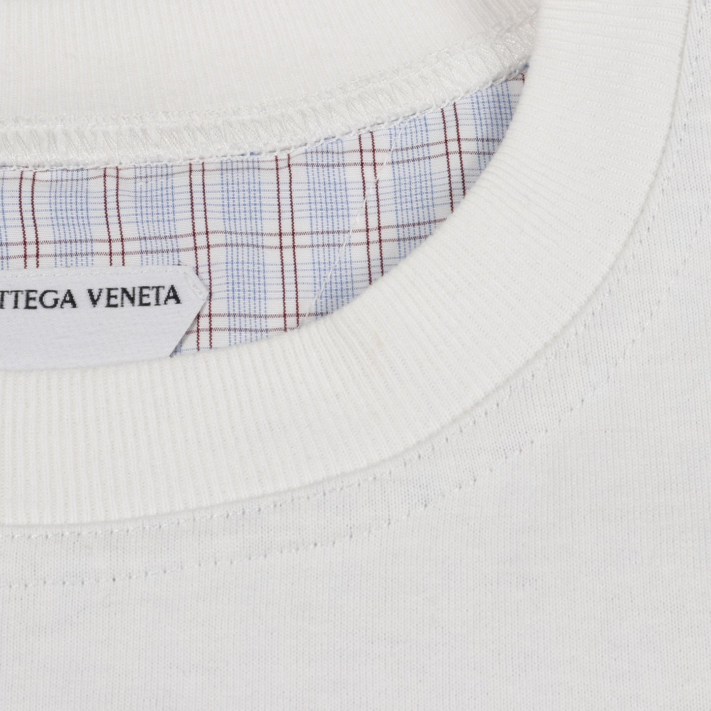 ダブルレイヤー Tシャツ クルーネック 半袖 チェック コットン ホワイト ボッテガヴェネタ トップス BOTTEGA VENETA