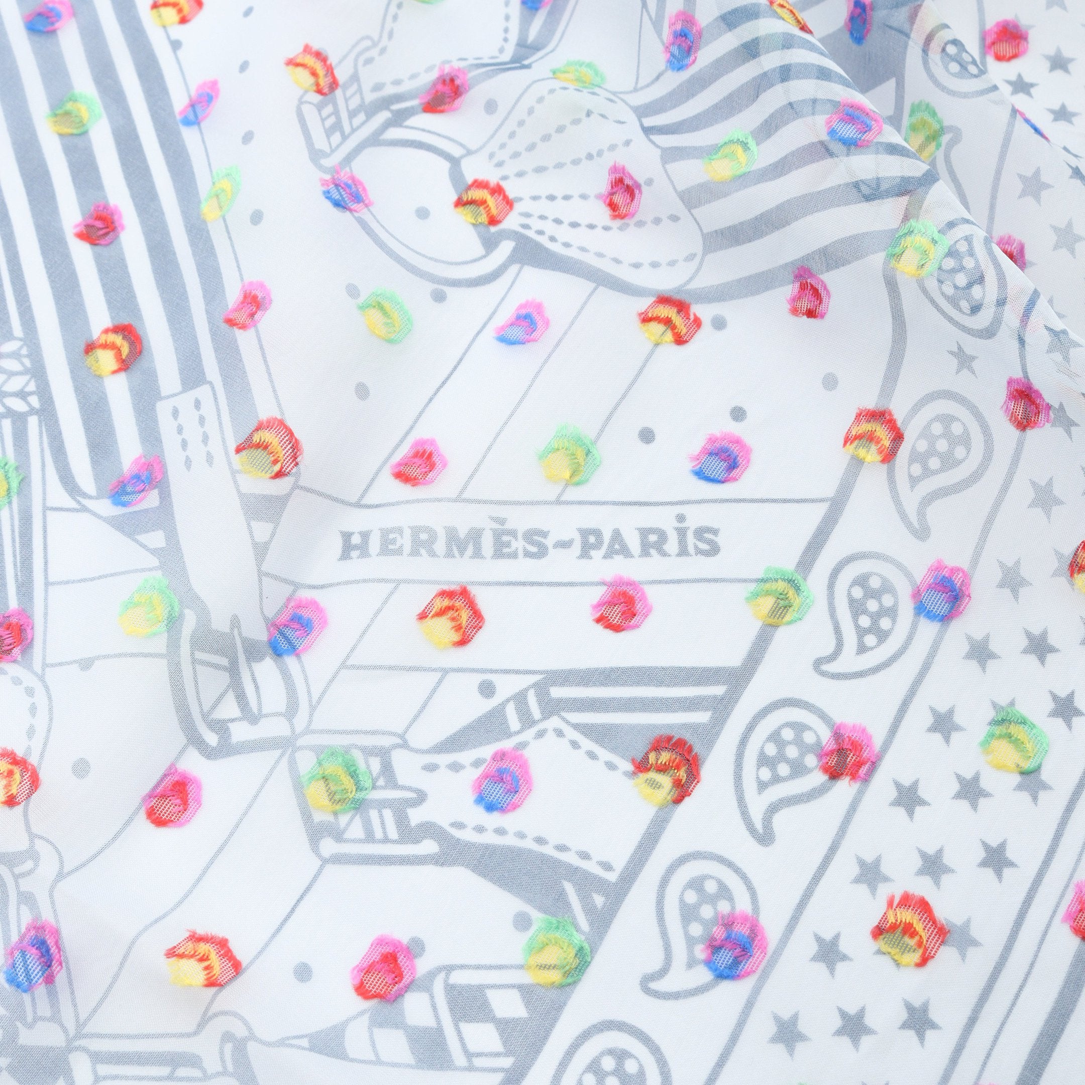 HERMES エルメス スカーフ カレ60 シルクモスリン ジグザグのサングル レインボードット ブルー 2023年 美品 aq8989