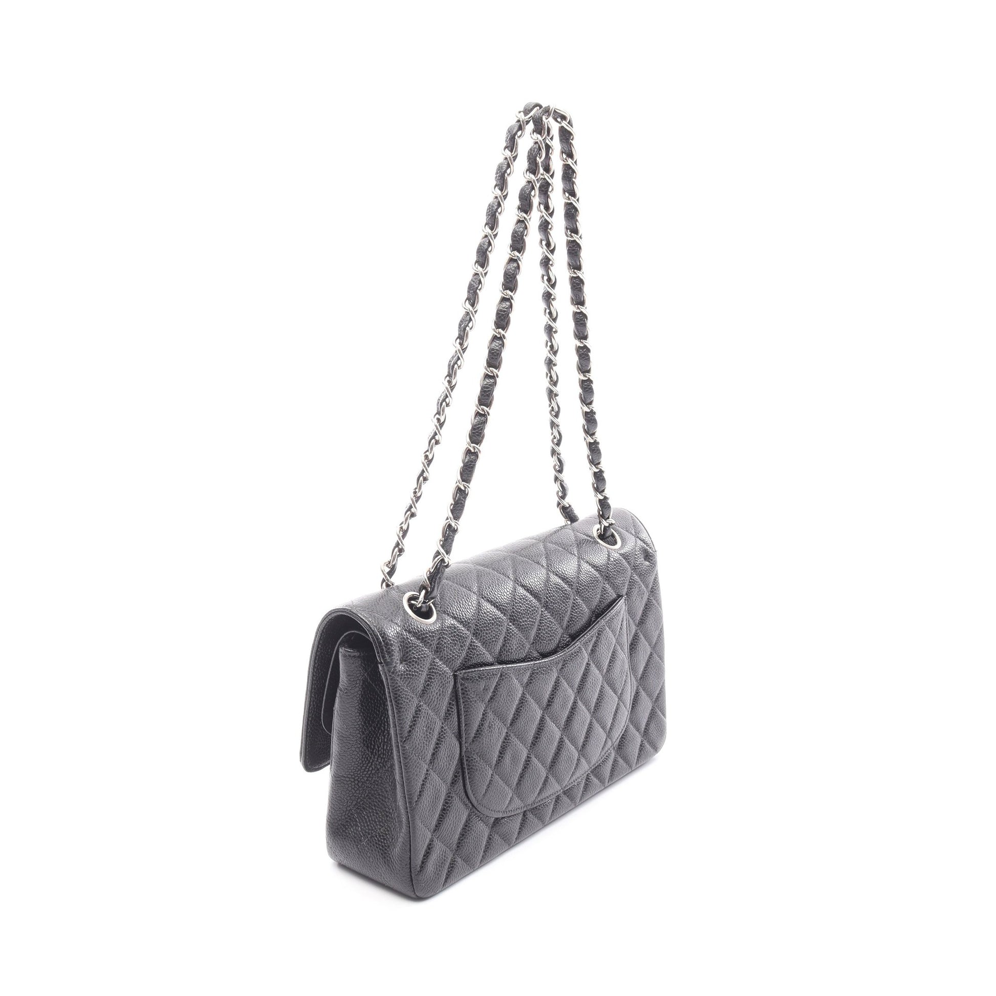 マトラッセ Wフラップ Wチェーンショルダーバッグ キャビアスキン ブラック シルバー金具 シャネル バッグ CHANEL