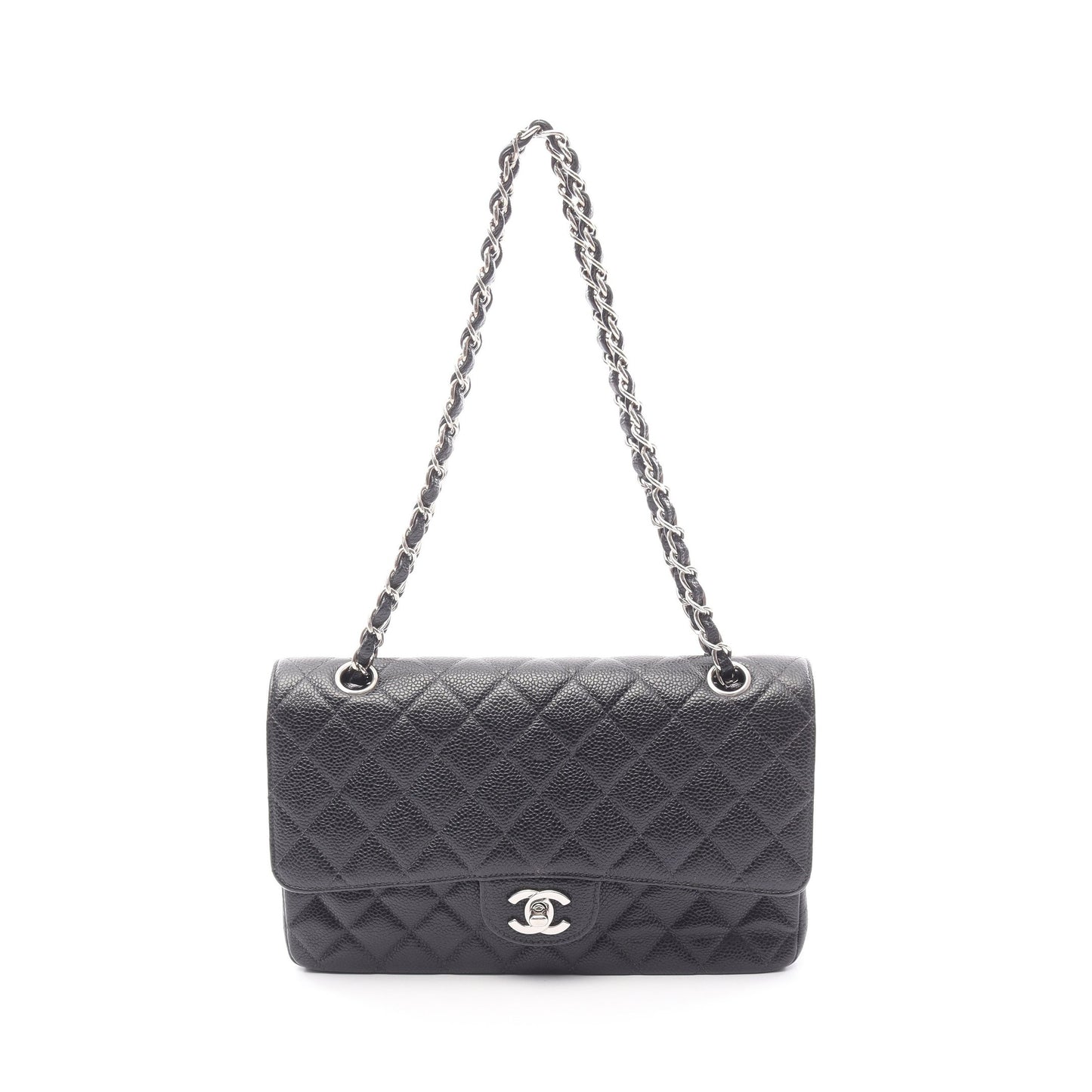 マトラッセ Wフラップ Wチェーンショルダーバッグ キャビアスキン ブラック シルバー金具 シャネル バッグ CHANEL