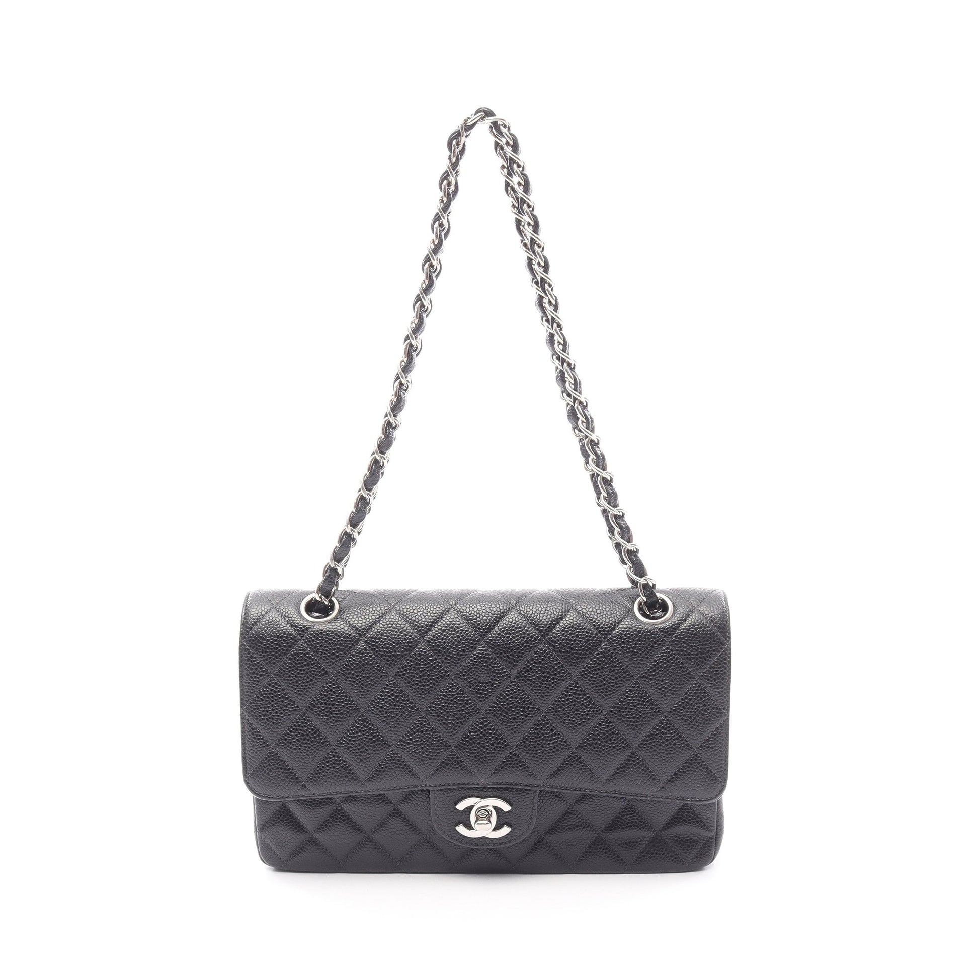 マトラッセ Wフラップ Wチェーンショルダーバッグ キャビアスキン ブラック シルバー金具 シャネル バッグ CHANEL