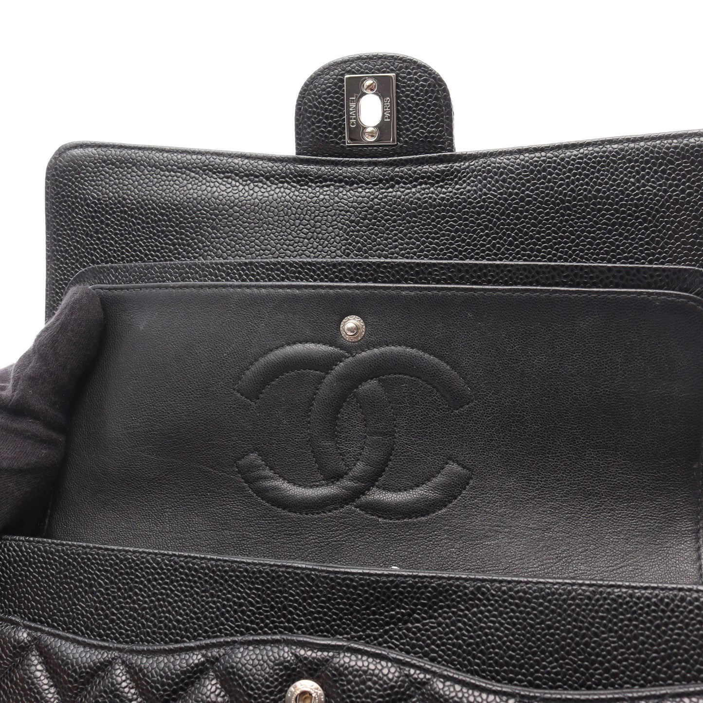 マトラッセ Wフラップ Wチェーンショルダーバッグ キャビアスキン ブラック シルバー金具 シャネル バッグ CHANEL
