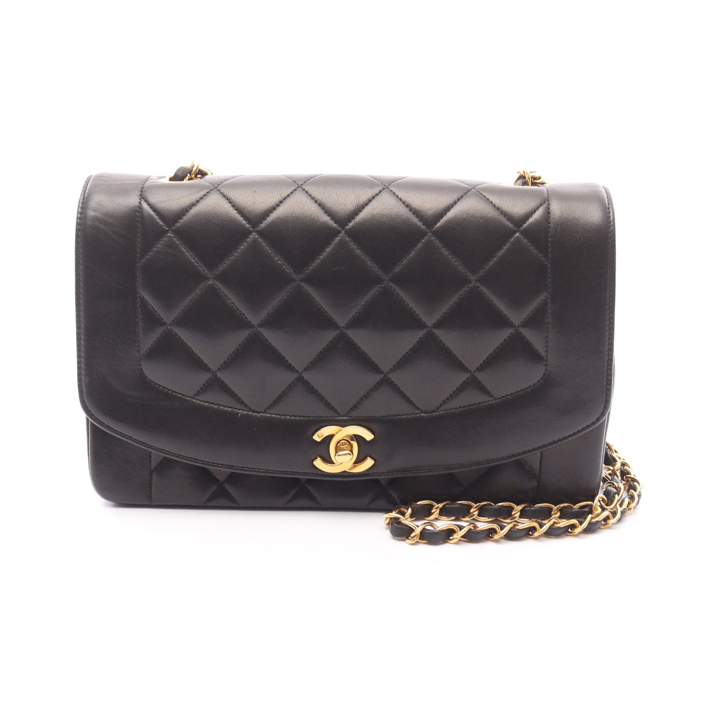マトラッセ ダイアナフラップ チェーンショルダーバッグ ラムスキン ブラック ゴールド金具 シャネル バッグ CHANEL