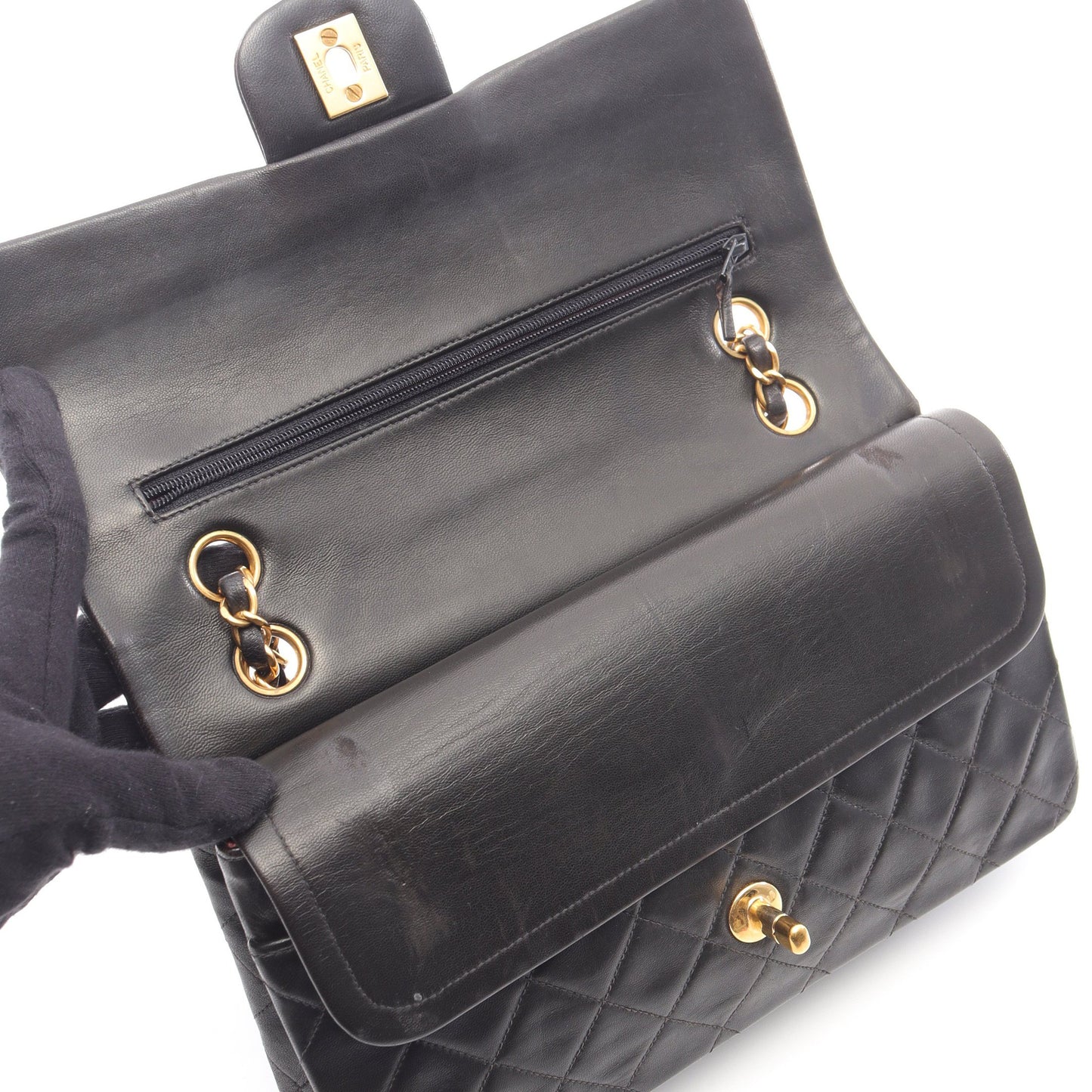 マトラッセ Wフラップ Wチェーンショルダーバッグ ラムスキン ブラック ゴールド金具 シャネル バッグ CHANEL