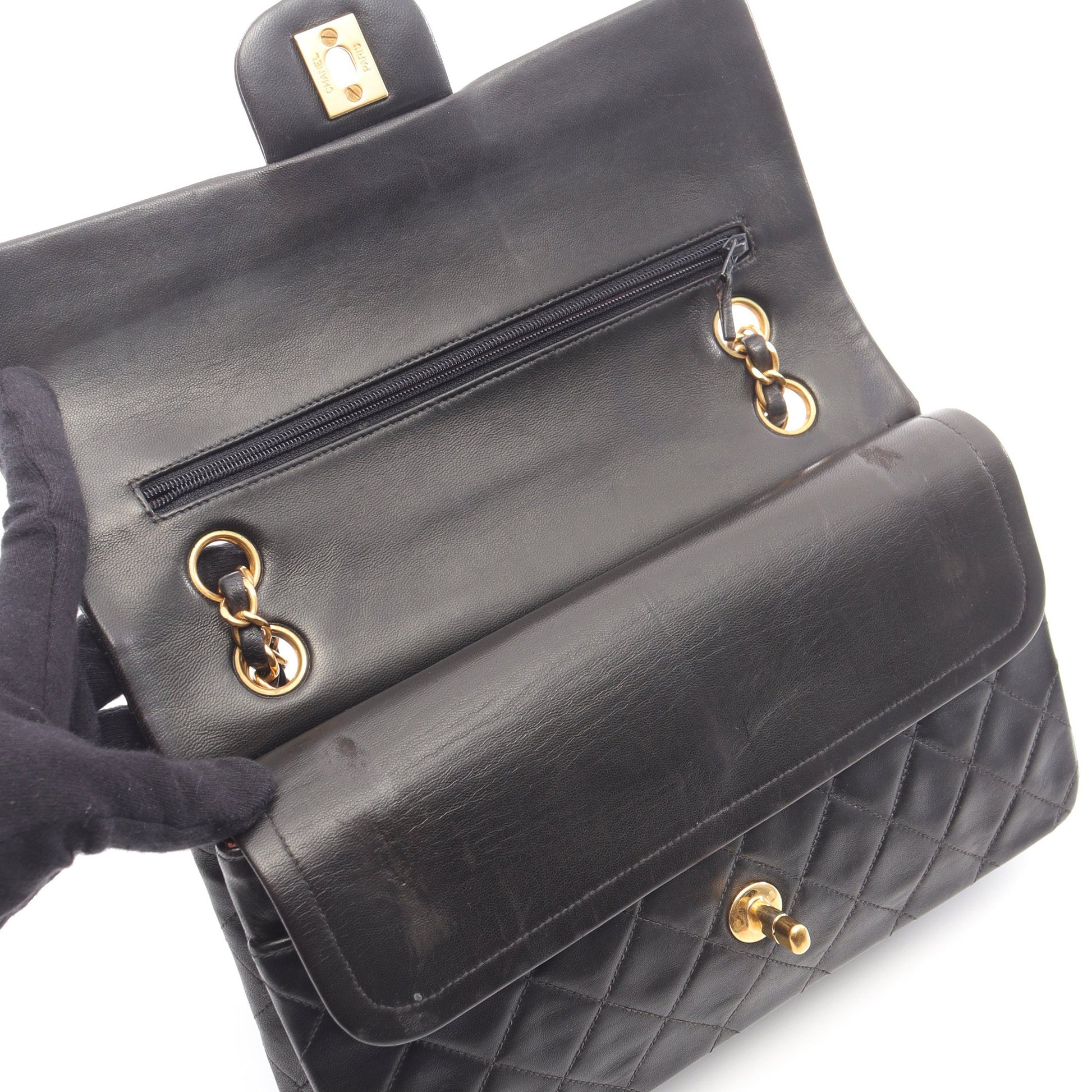 マトラッセ Wフラップ Wチェーンショルダーバッグ ラムスキン ブラック ゴールド金具 シャネル バッグ CHANEL