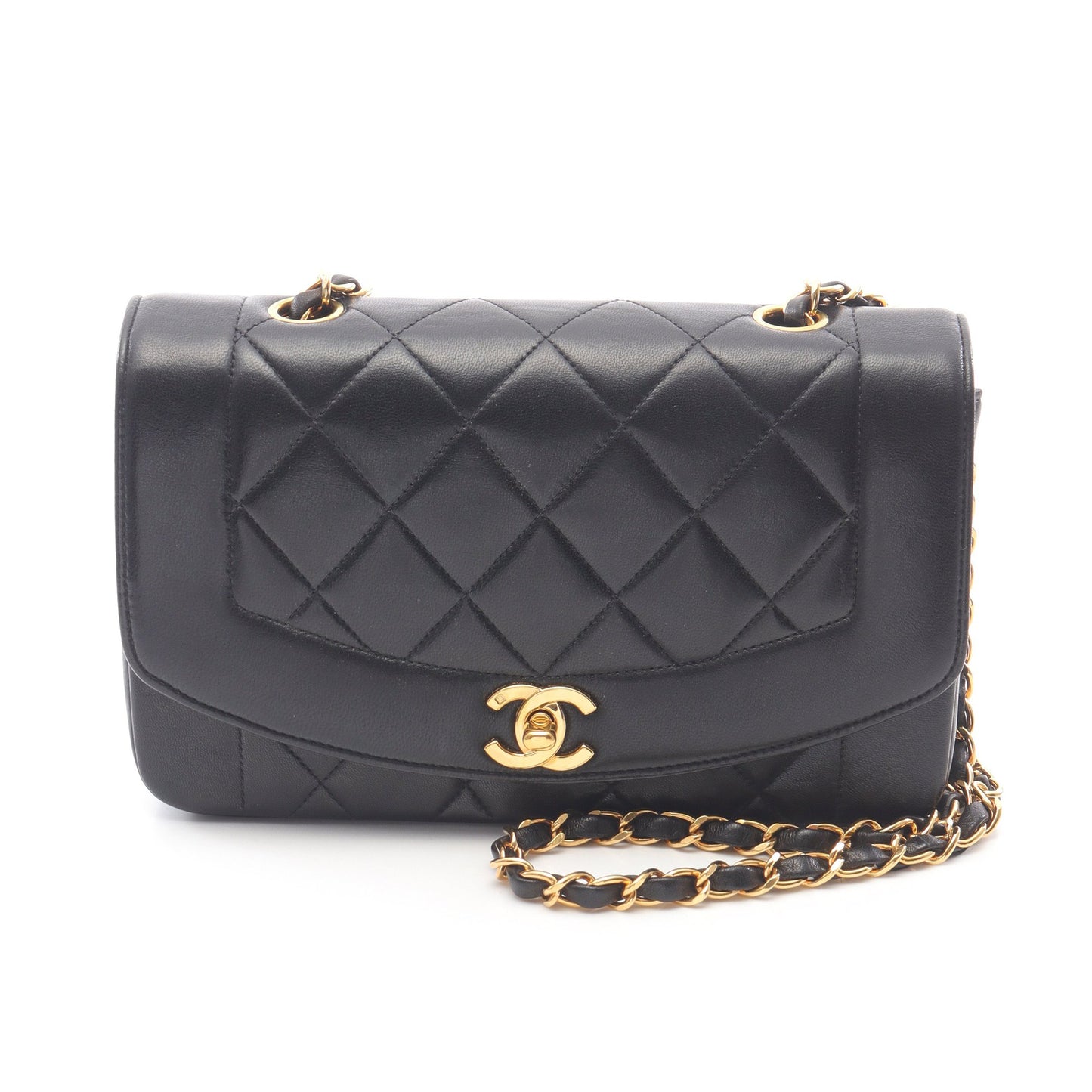 マトラッセ ダイアナフラップ チェーンショルダーバッグ ラムスキン ブラック ゴールド金具 シャネル バッグ CHANEL
