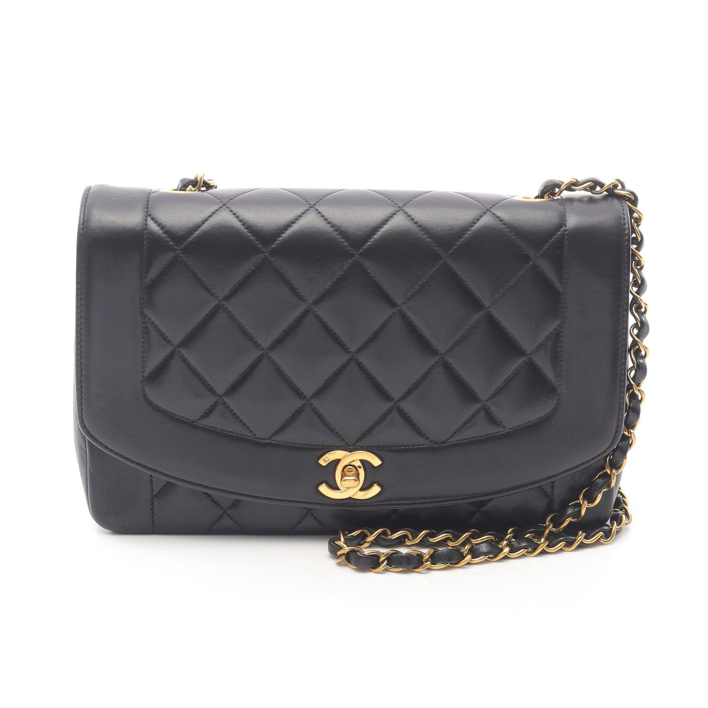 マトラッセ ダイアナフラップ チェーンショルダーバッグ ラムスキン ブラック ゴールド金具 シャネル バッグ CHANEL