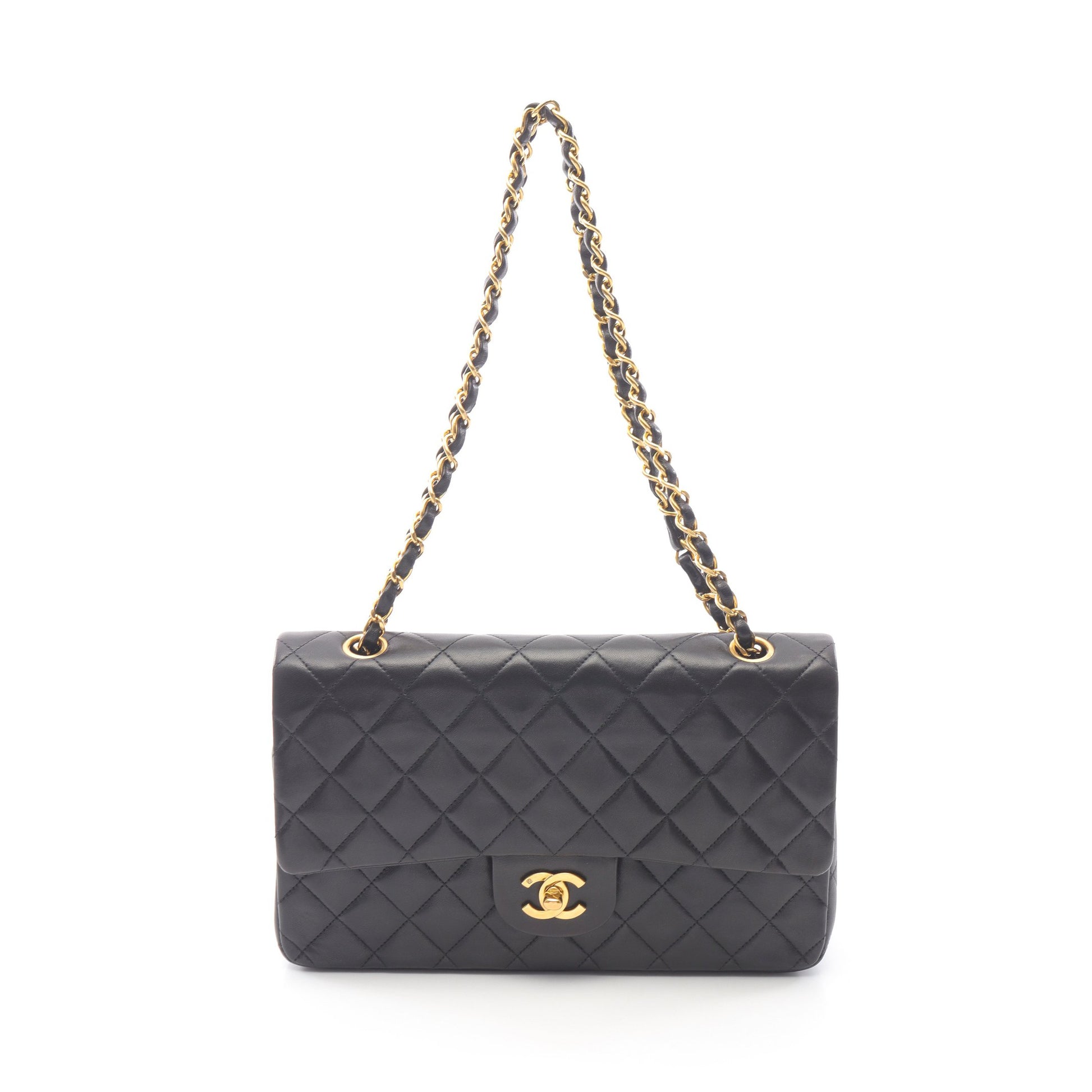 マトラッセ Wフラップ Wチェーンショルダーバッグ ラムスキン ブラック ゴールド金具 シャネル バッグ CHANEL
