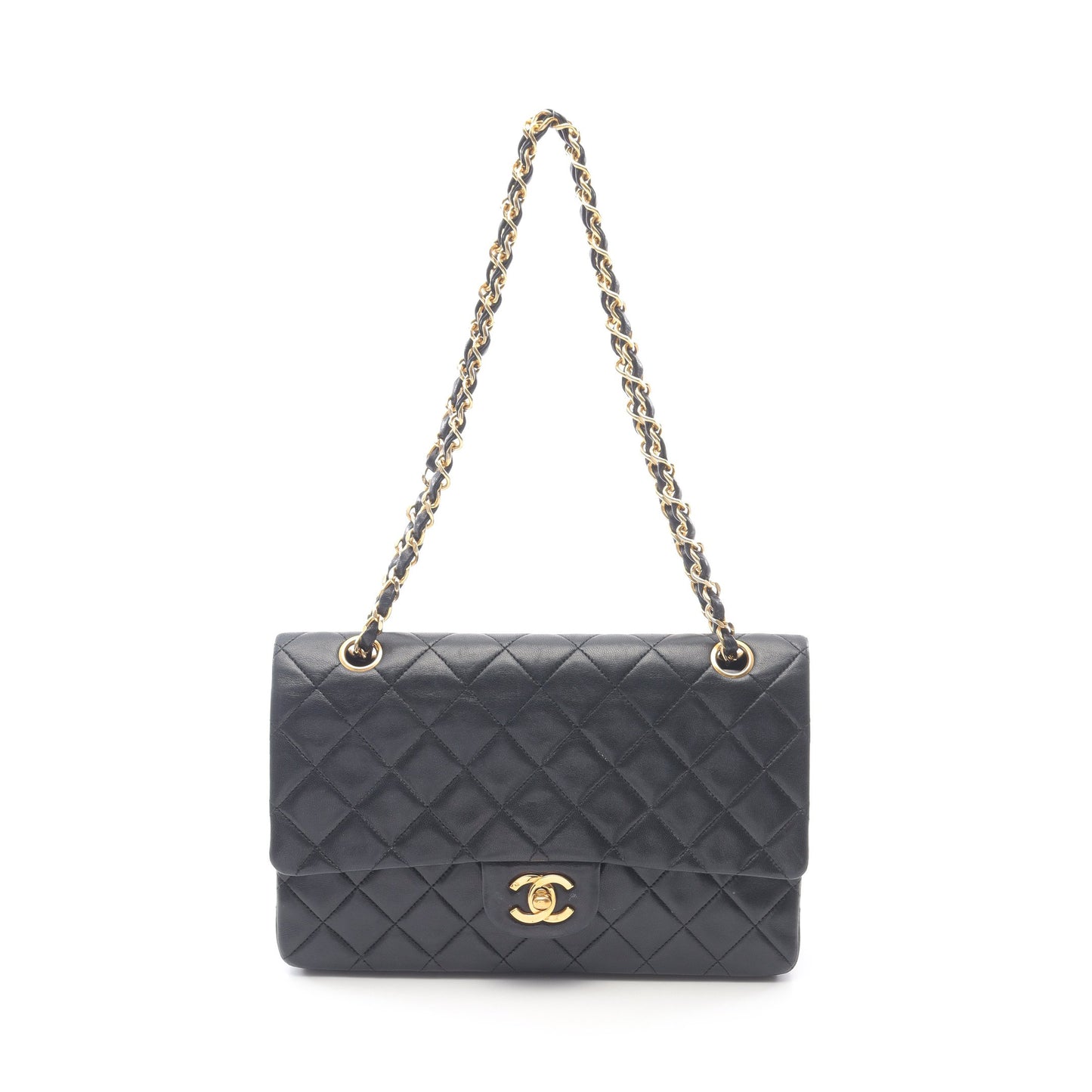 マトラッセ Wフラップ Wチェーンショルダーバッグ ラムスキン ブラック ゴールド金具 シャネル バッグ CHANEL