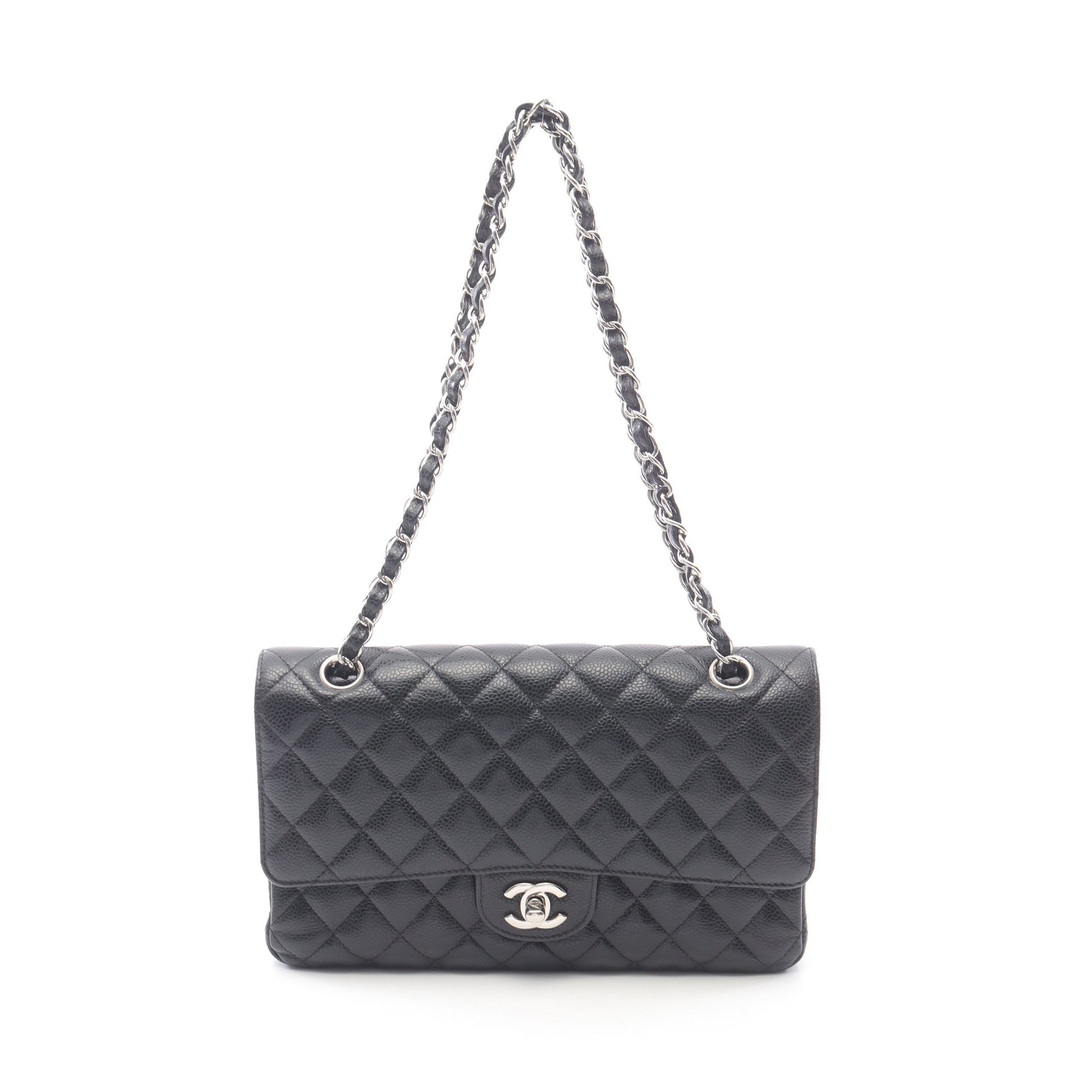 マトラッセ Wフラップ Wチェーンショルダーバッグ キャビアスキン ブラック シルバー金具 シャネル バッグ CHANEL