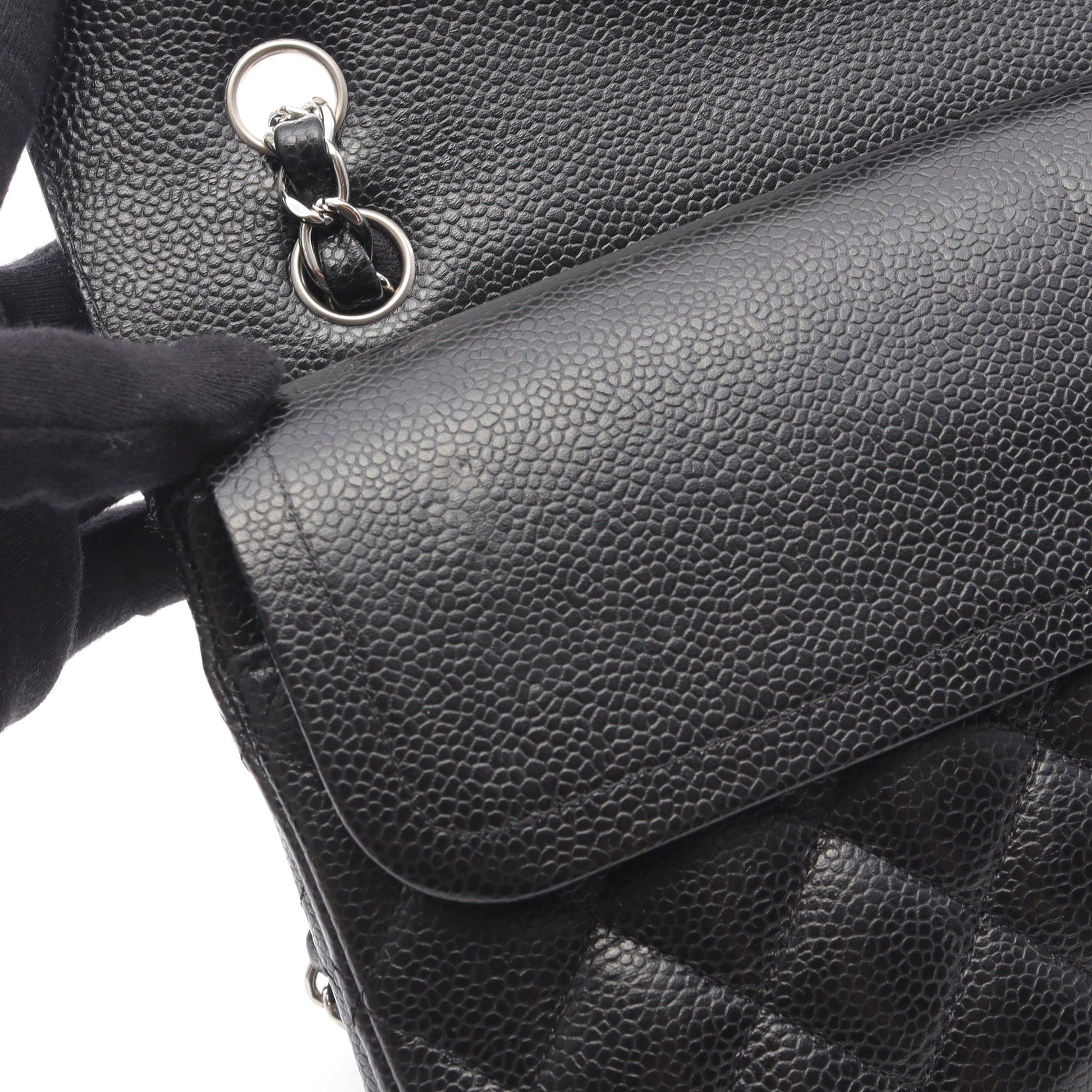 マトラッセ Wフラップ Wチェーンショルダーバッグ キャビアスキン ブラック シルバー金具 シャネル バッグ CHANEL