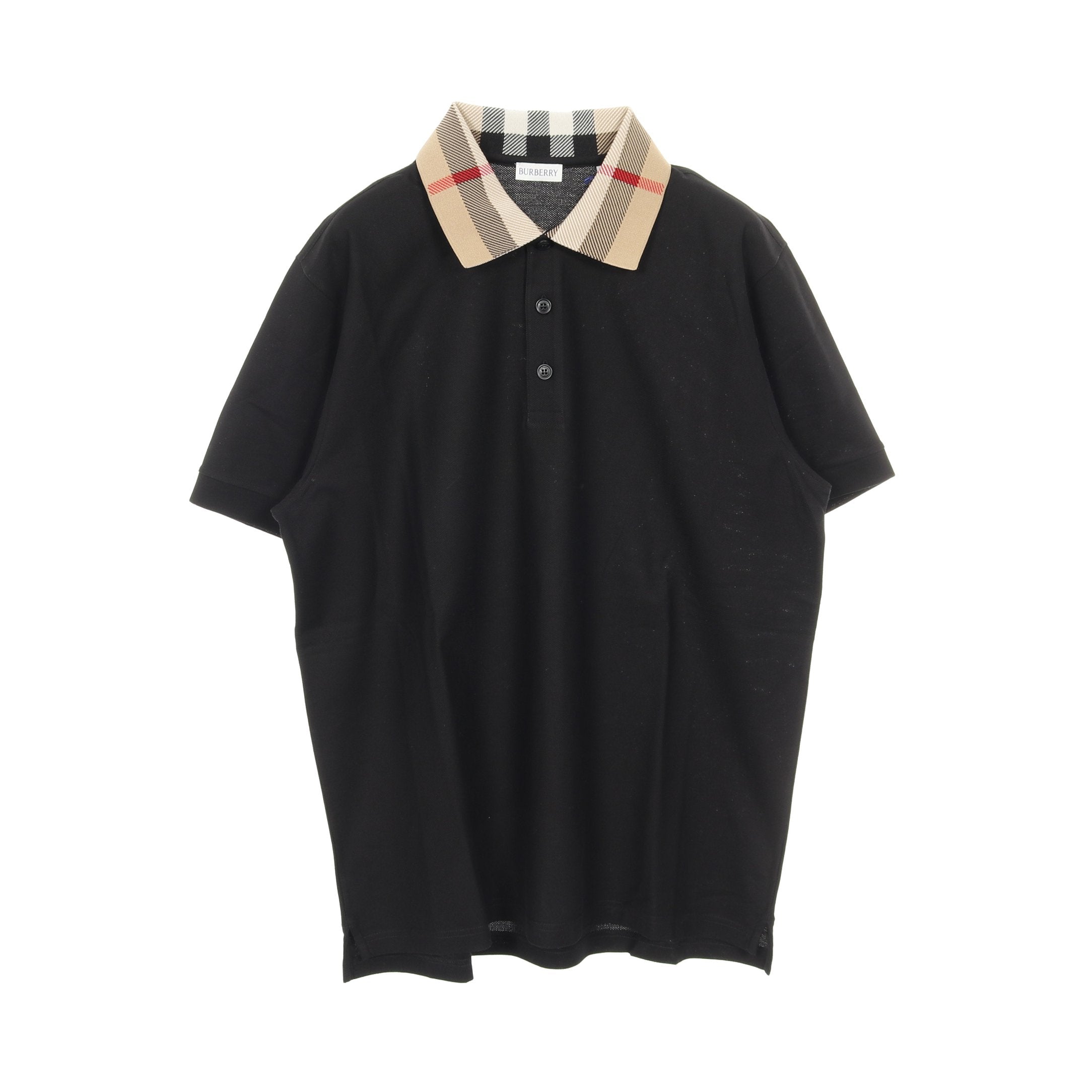 襟チェック ポロシャツ 半袖 コットン ブラック ライトブラウン