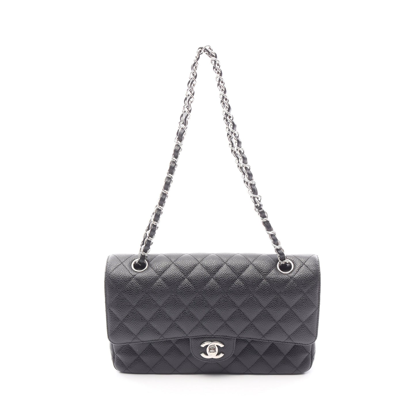 マトラッセ Wフラップ Wチェーンショルダーバッグ キャビアスキン ブラック シルバー金具 シャネル バッグ CHANEL