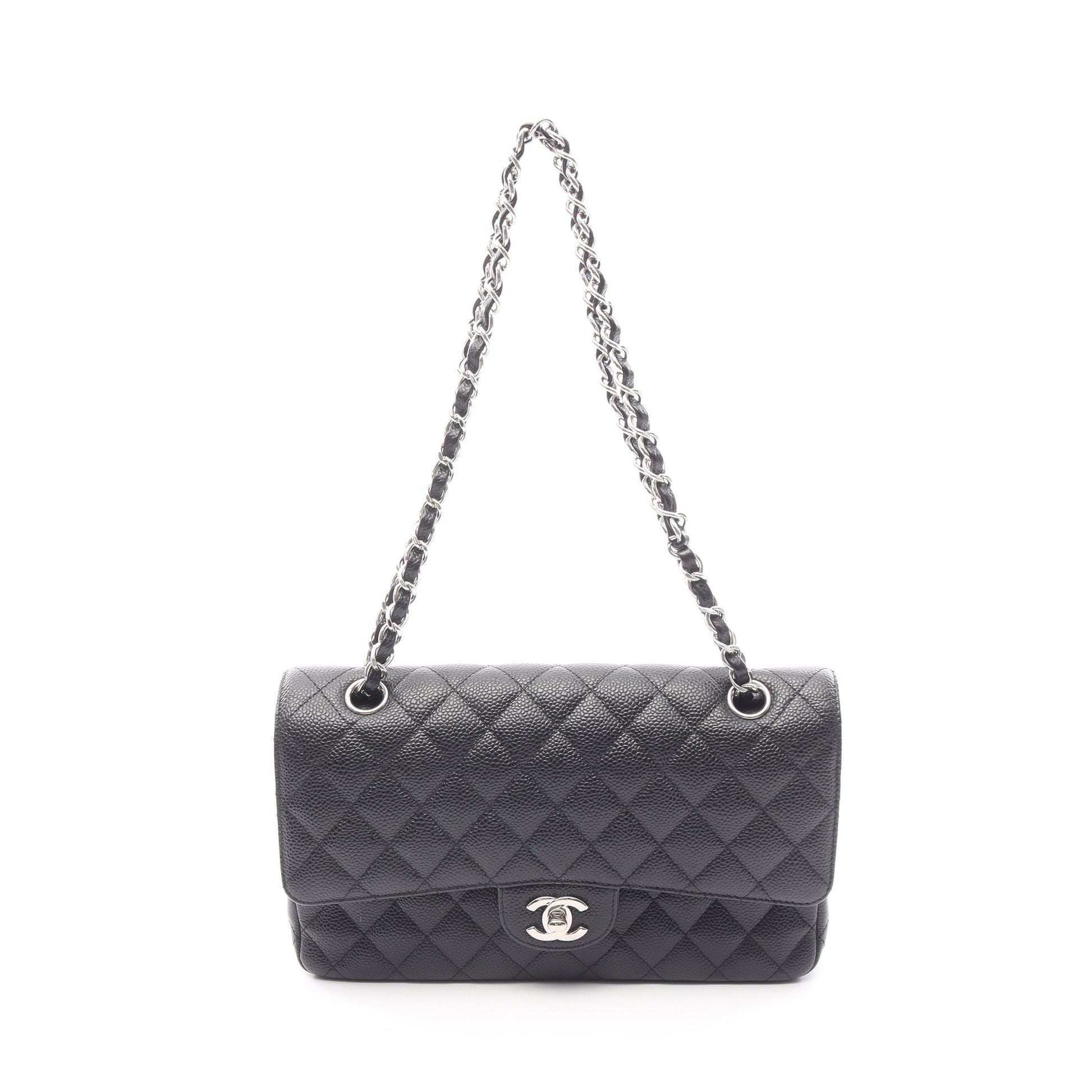 マトラッセ Wフラップ Wチェーンショルダーバッグ キャビアスキン ブラック シルバー金具 シャネル バッグ CHANEL