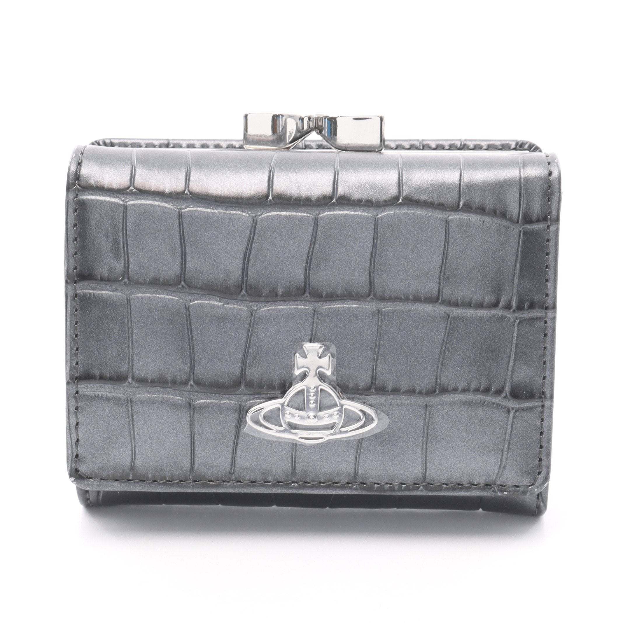 三つ折り財布 レザー グレー クロコ型押し ヴィヴィアンウエストウッド