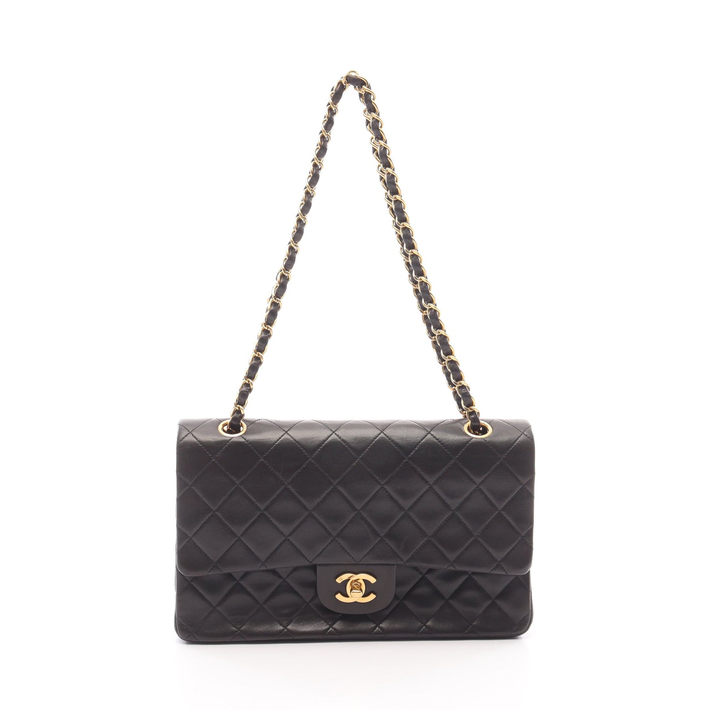 マトラッセ Wフラップ Wチェーンショルダーバッグ ラムスキン ブラック ゴールド金具 シャネル バッグ CHANEL