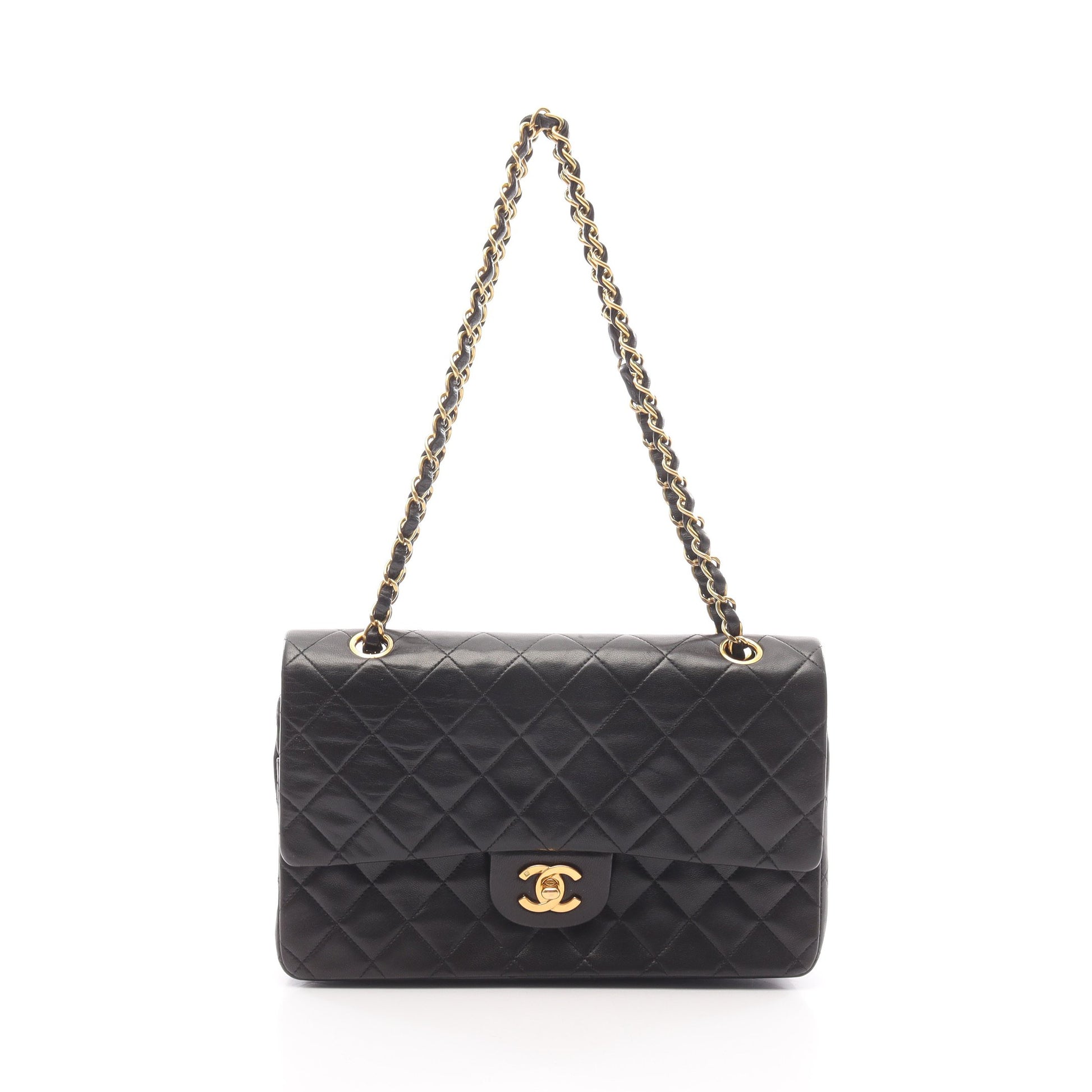 マトラッセ Wフラップ Wチェーンショルダーバッグ ラムスキン ブラック ゴールド金具 シャネル バッグ CHANEL