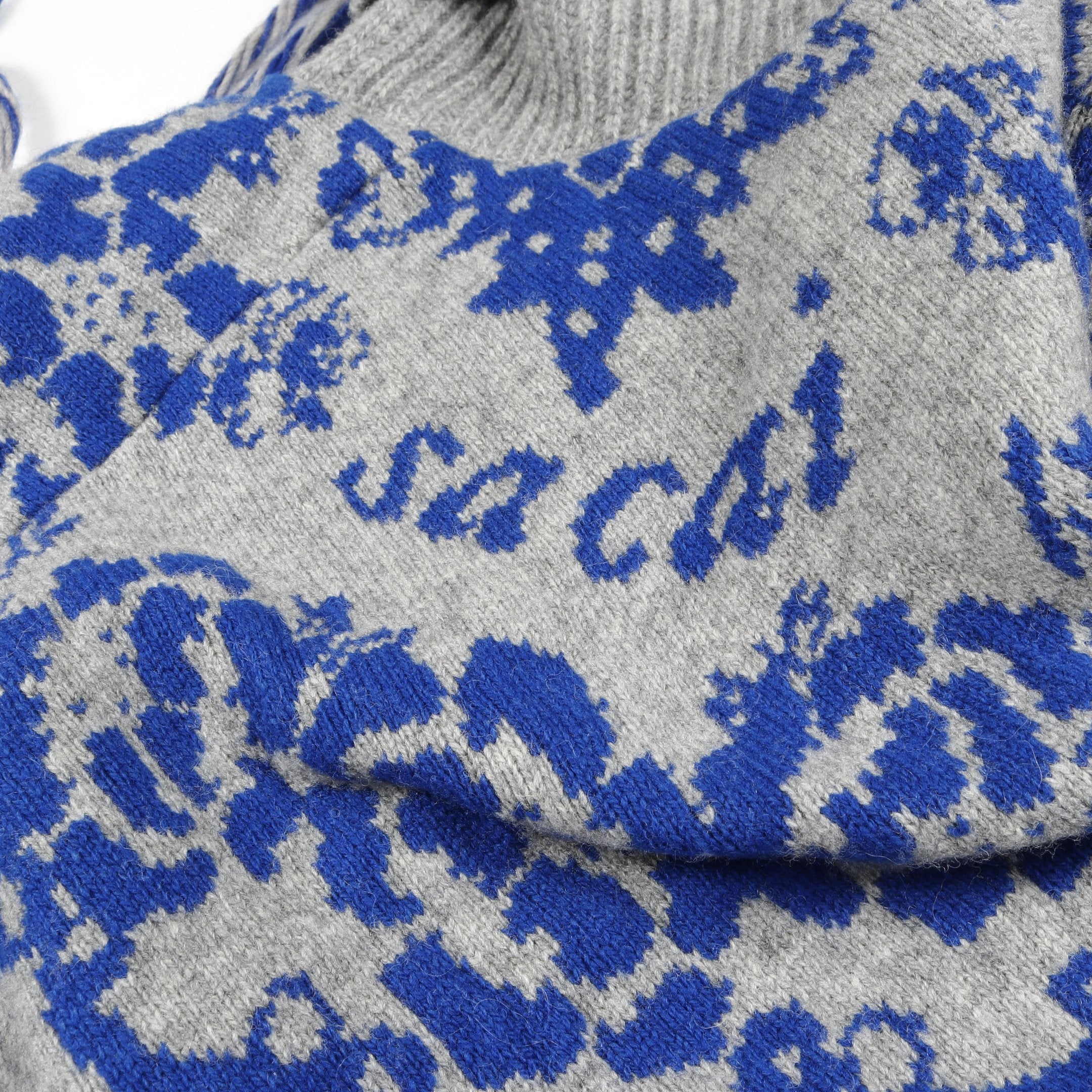 ニット タートルネック 花柄 ウール グレー ブルー フリンジ サカイ