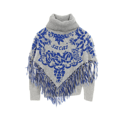 ニット タートルネック 花柄 ウール グレー ブルー フリンジ サカイ トップス sacai