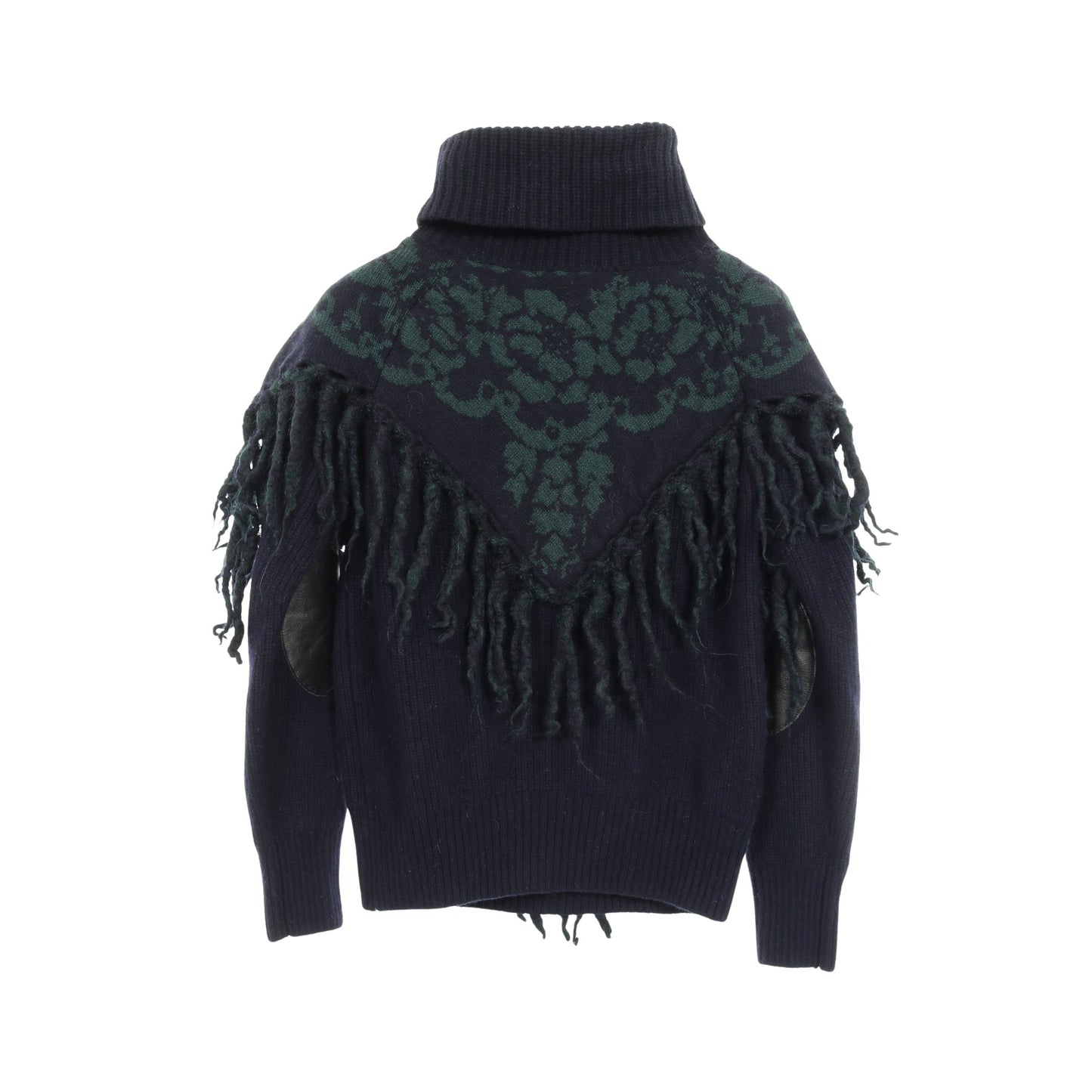 ニット タートルネック 花柄 ウール ネイビー グリーン フリンジ エルボーパッチ サカイ トップス sacai