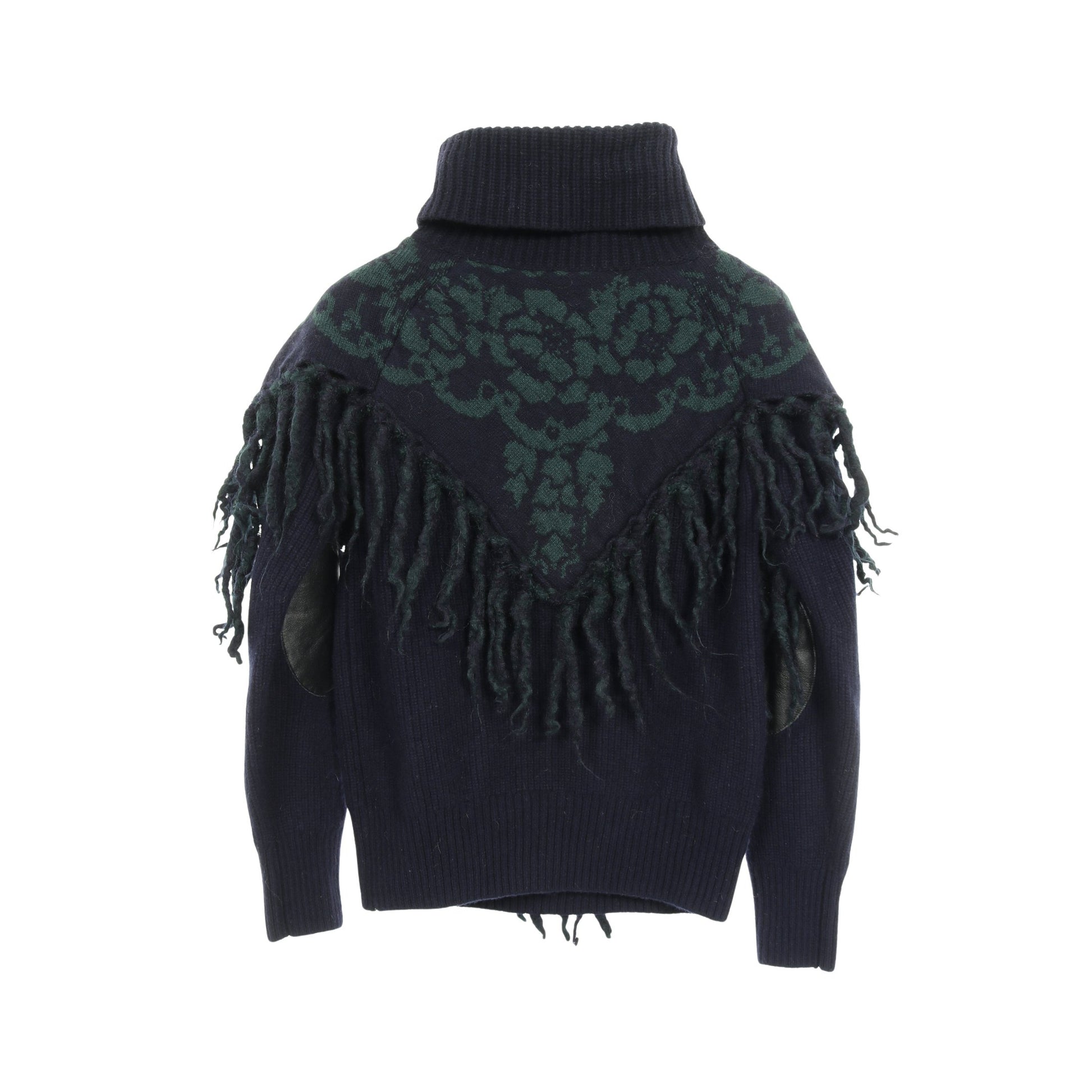 ニット タートルネック 花柄 ウール ネイビー グリーン フリンジ エルボーパッチ サカイ トップス sacai