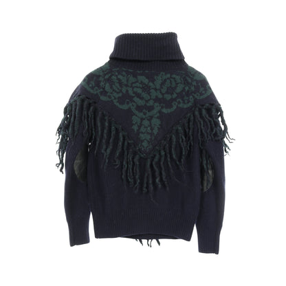 ニット タートルネック 花柄 ウール ネイビー グリーン フリンジ エルボーパッチ サカイ トップス sacai