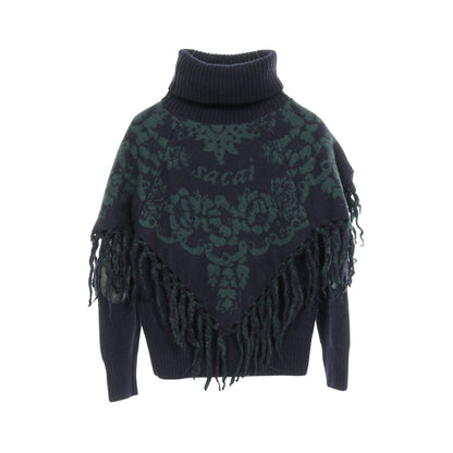 ニット タートルネック 花柄 ウール ネイビー グリーン フリンジ エルボーパッチ サカイ トップス sacai