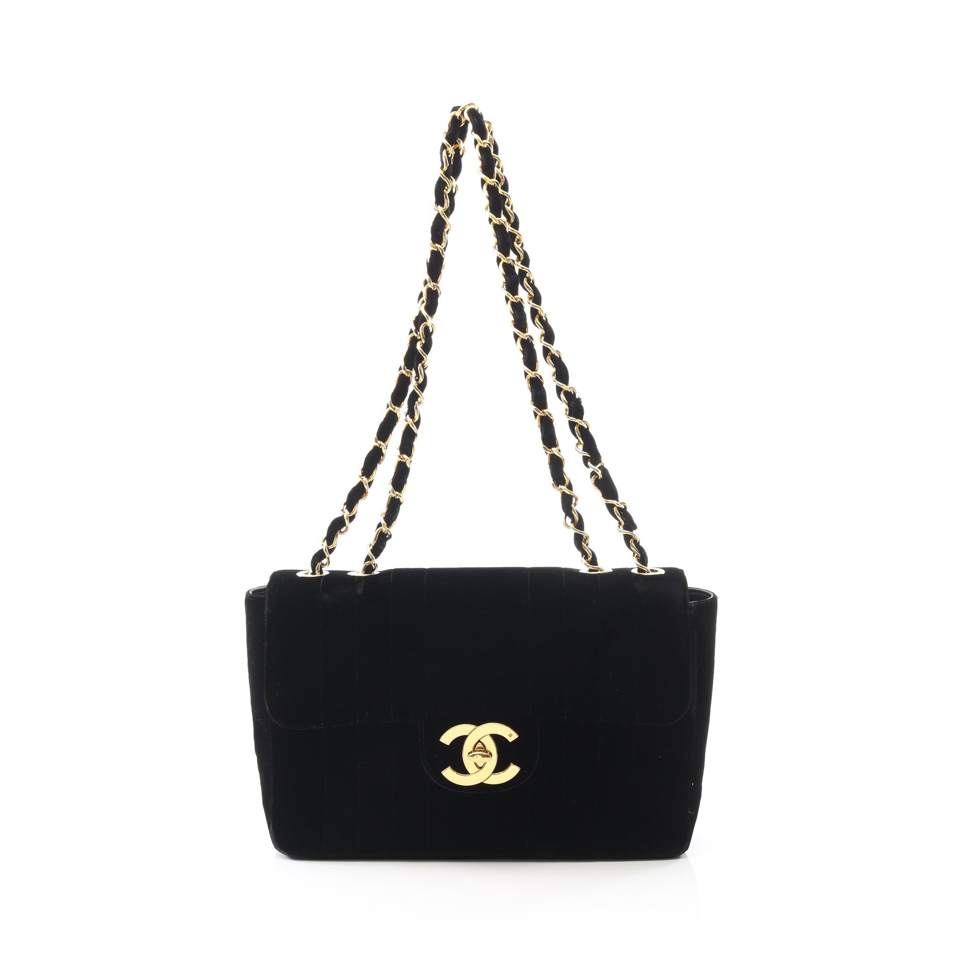 デカマトラッセ30 シングルフラップ Wチェーンショルダーバッグ ベロア ブラック ゴールド金具 シャネル バッグ CHANEL