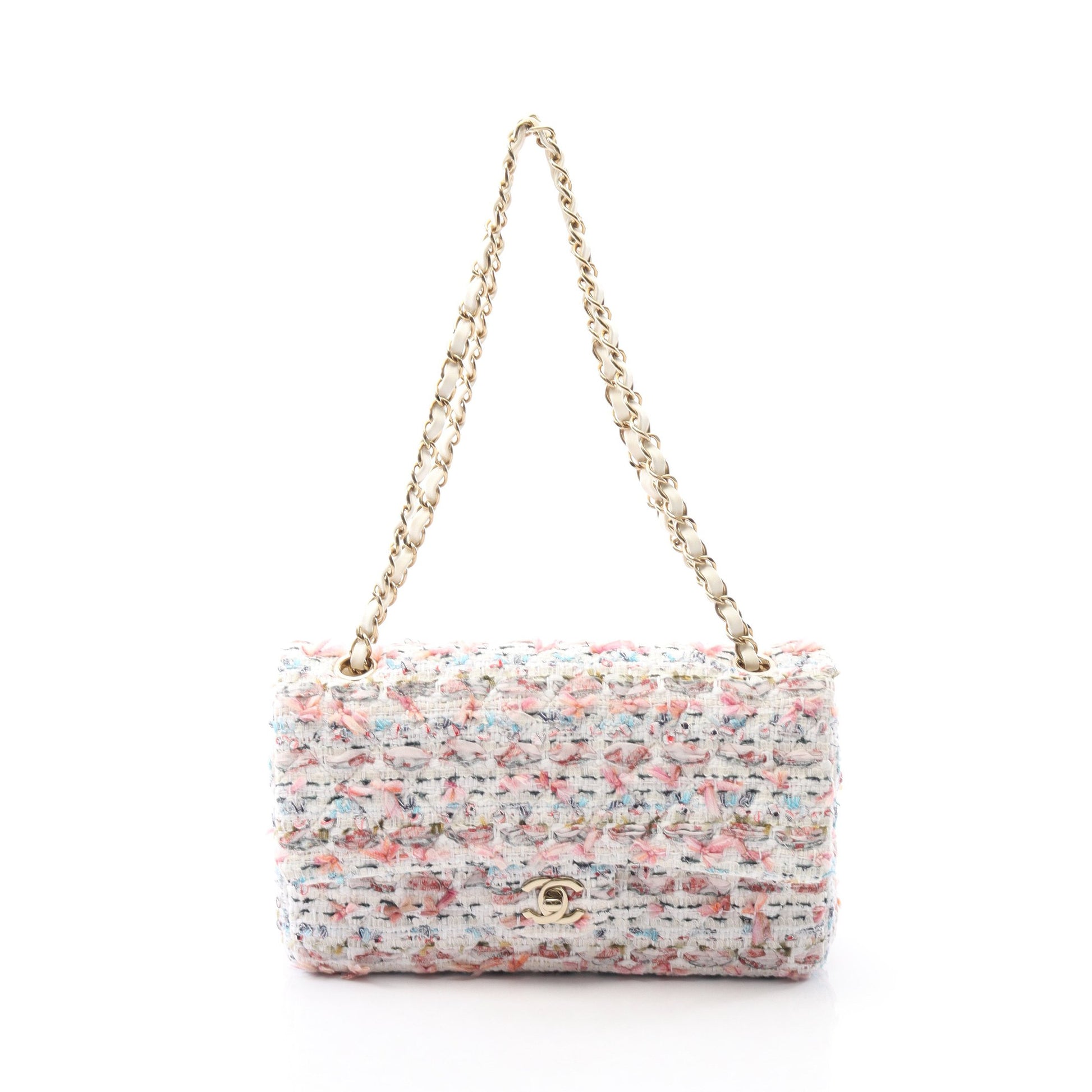 マトラッセ Wフラップ Wチェーンショルダーバッグ ツイード ホワイト マルチカラー ゴールド金具 シャネル バッグ CHANEL