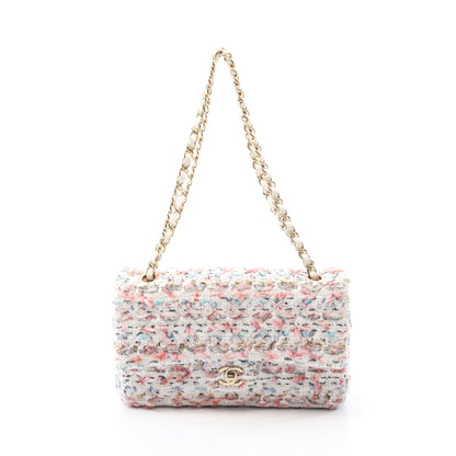 マトラッセ Wフラップ Wチェーンショルダーバッグ ツイード ホワイト マルチカラー ゴールド金具 シャネル バッグ CHANEL