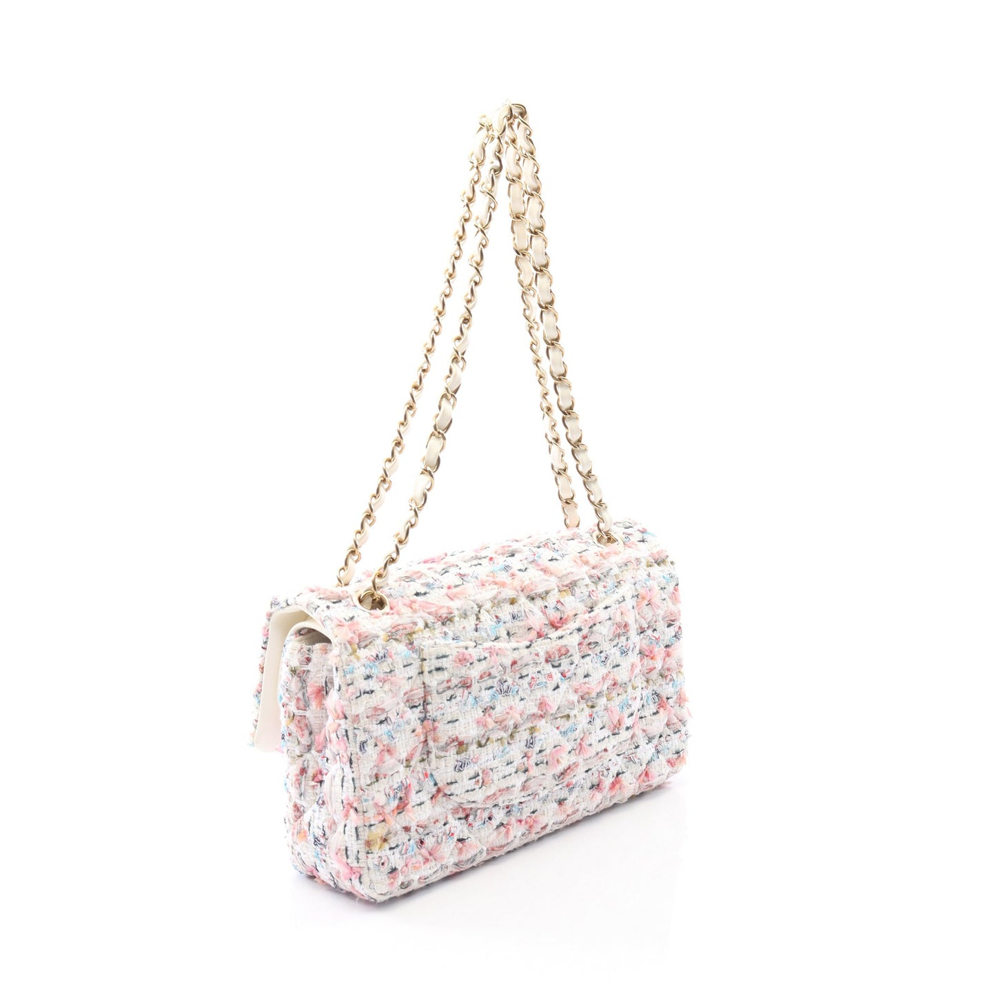 マトラッセ Wフラップ Wチェーンショルダーバッグ ツイード ホワイト マルチカラー ゴールド金具 シャネル バッグ CHANEL