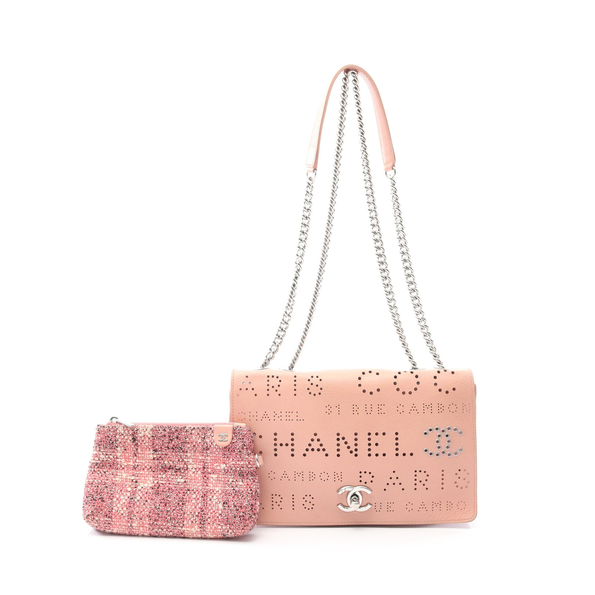 ココマーク Wチェーンショルダーバッグ レザー ピンクベージュ シルバー金具 シャネル バッグ CHANEL