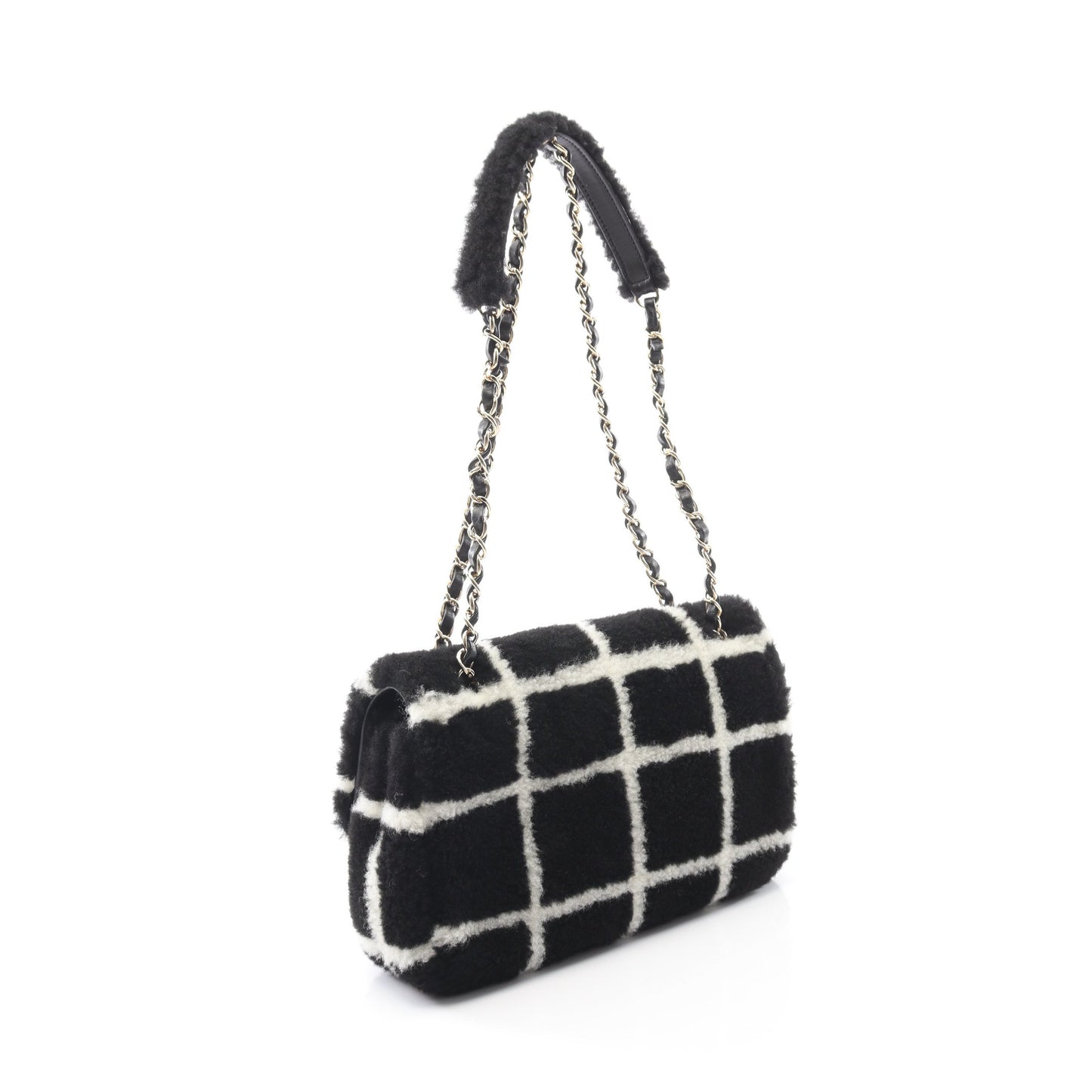 ココマーク チェーンショルダーバッグ ムートン ブラック ホワイト ゴールド金具 シャネル バッグ CHANEL
