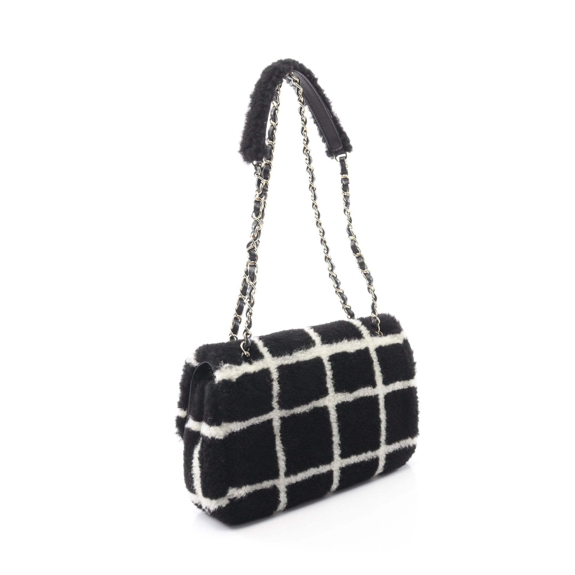 ココマーク チェーンショルダーバッグ ムートン ブラック ホワイト ゴールド金具 シャネル バッグ CHANEL
