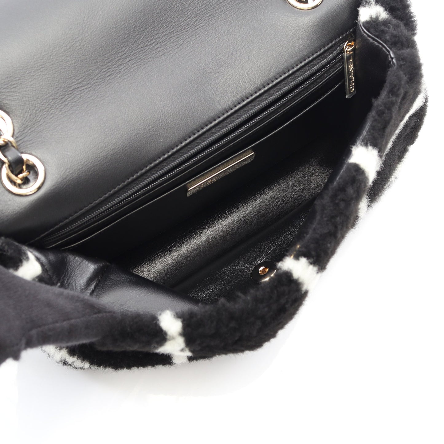 ココマーク チェーンショルダーバッグ ムートン ブラック ホワイト ゴールド金具 シャネル バッグ CHANEL