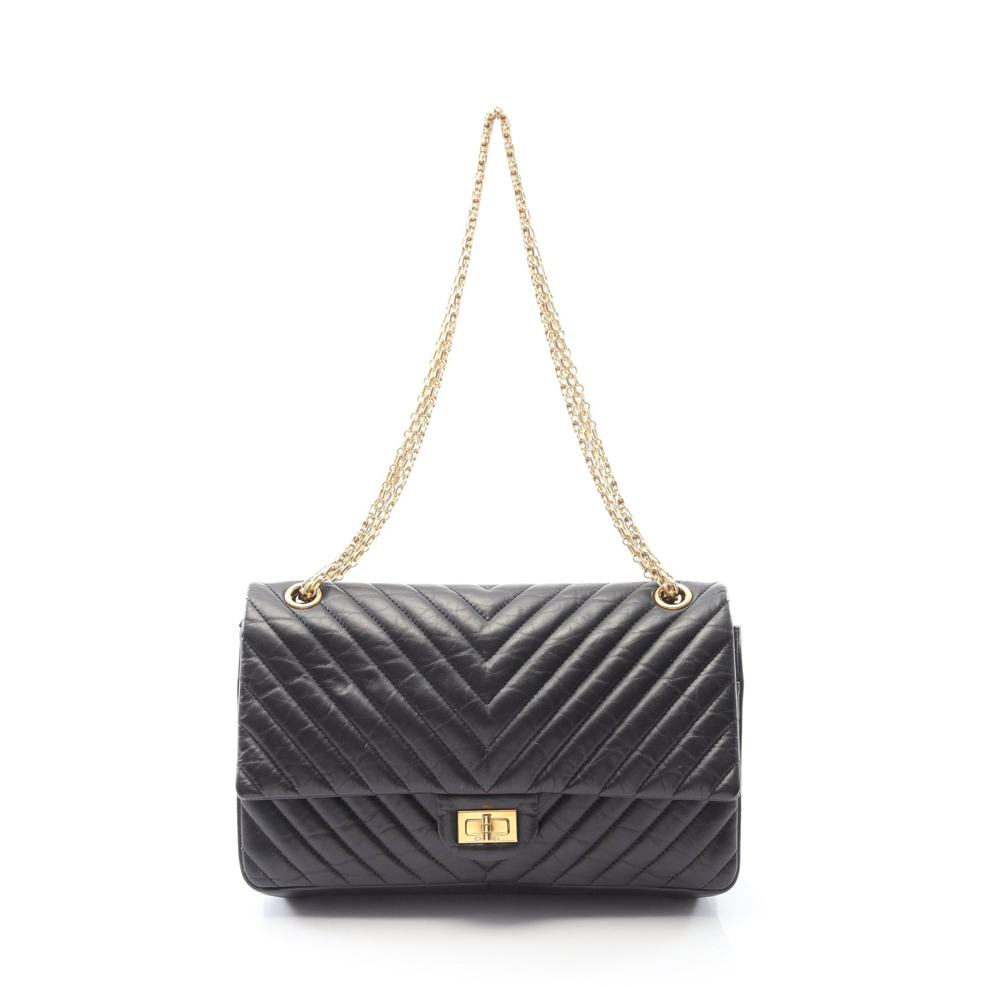 2.55 シェブロン Vステッチ Wフラップ Wチェーンショルダーバッグ レザー ブラック ゴールド金具 シャネル バッグ CHANEL