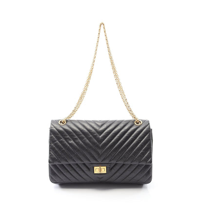 2.55 シェブロン Vステッチ Wフラップ Wチェーンショルダーバッグ レザー ブラック ゴールド金具 シャネル バッグ CHANEL