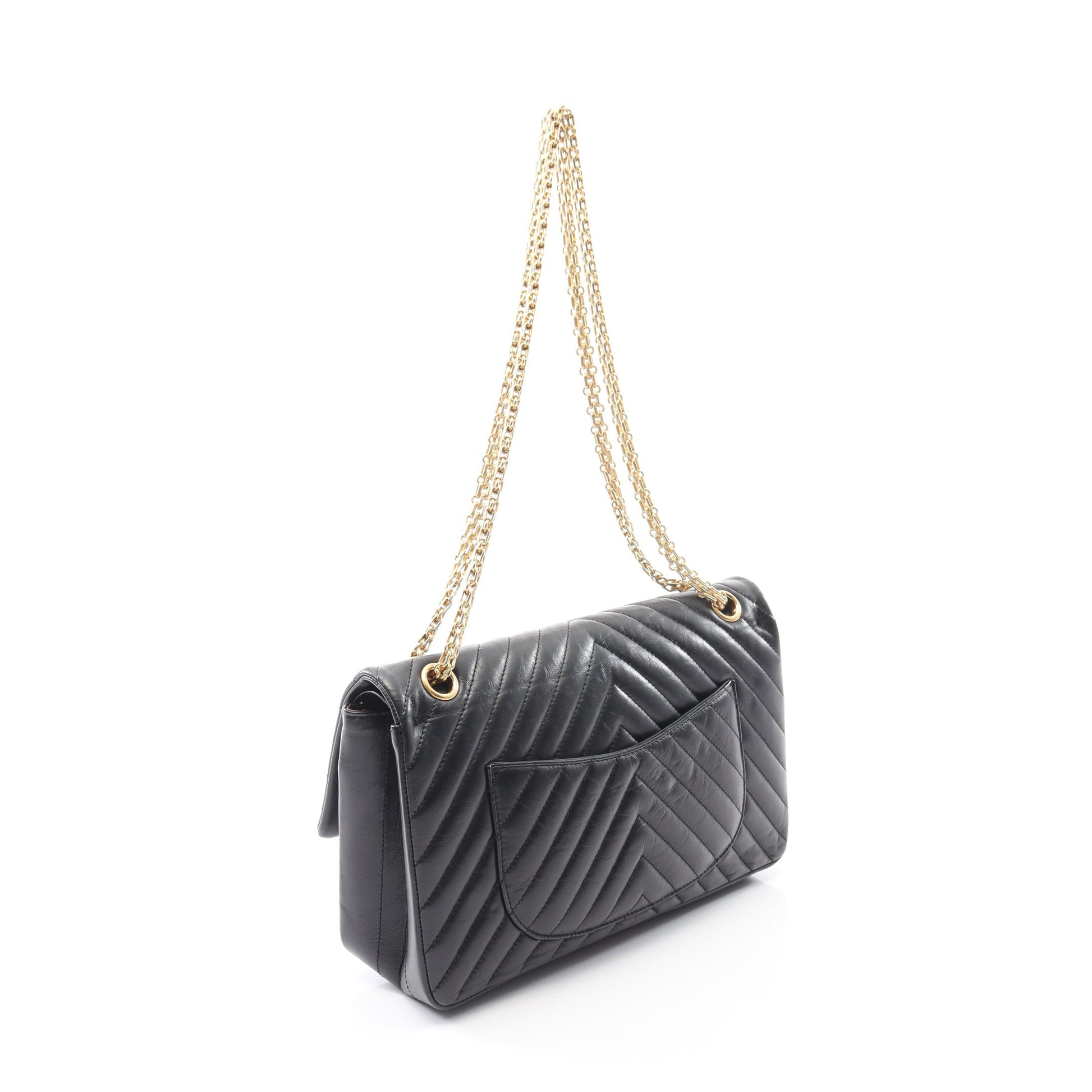 2.55 シェブロン Vステッチ Wフラップ Wチェーンショルダーバッグ レザー ブラック ゴールド金具 シャネル バッグ CHANEL