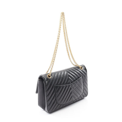 2.55 シェブロン Vステッチ Wフラップ Wチェーンショルダーバッグ レザー ブラック ゴールド金具 シャネル バッグ CHANEL