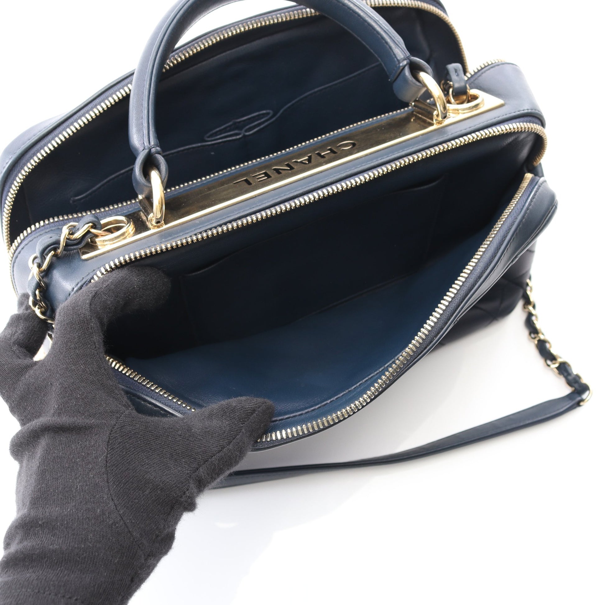 マトラッセ ボーリングバッグ チェーンショルダーバッグ ラムスキン ネイビー ゴールド金具 2WAY シャネル バッグ CHANEL