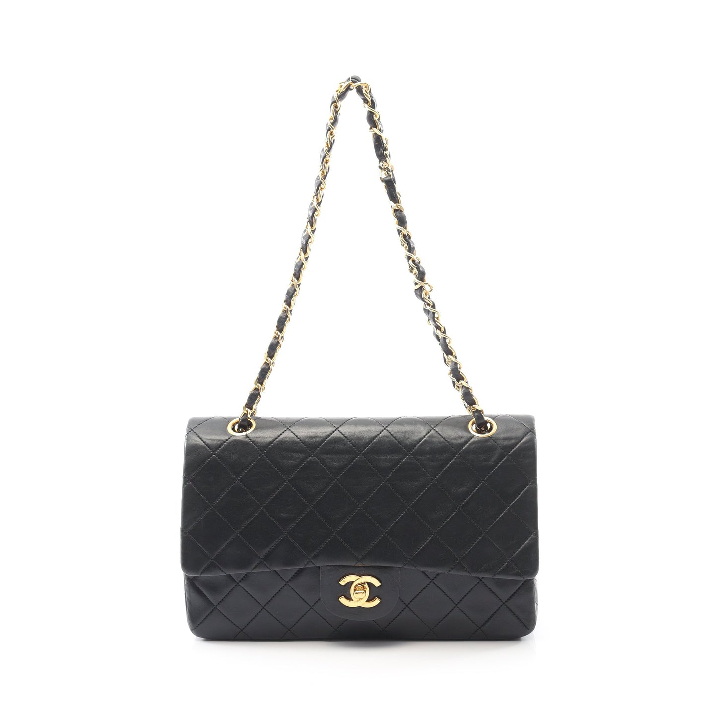 マトラッセ Wフラップ Wチェーンショルダーバッグ ラムスキン ブラック ゴールド金具 ヴィンテージ シャネル バッグ CHANEL